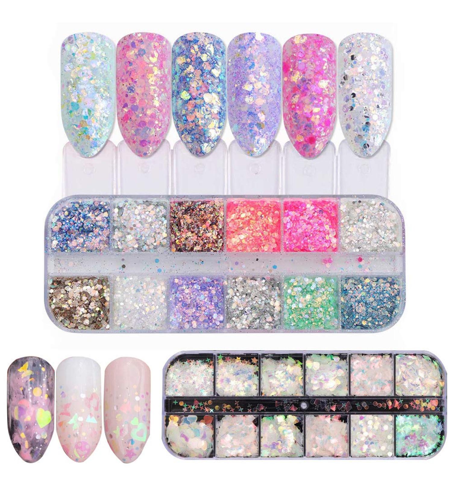 Glittering Nail Art Flakes - 2 Boxes of 24 Grids in Heart Star & Holographic Moon Shapes for Crafting & Nail Designs - International Shipping Available - Buy Online on GoSupps.com