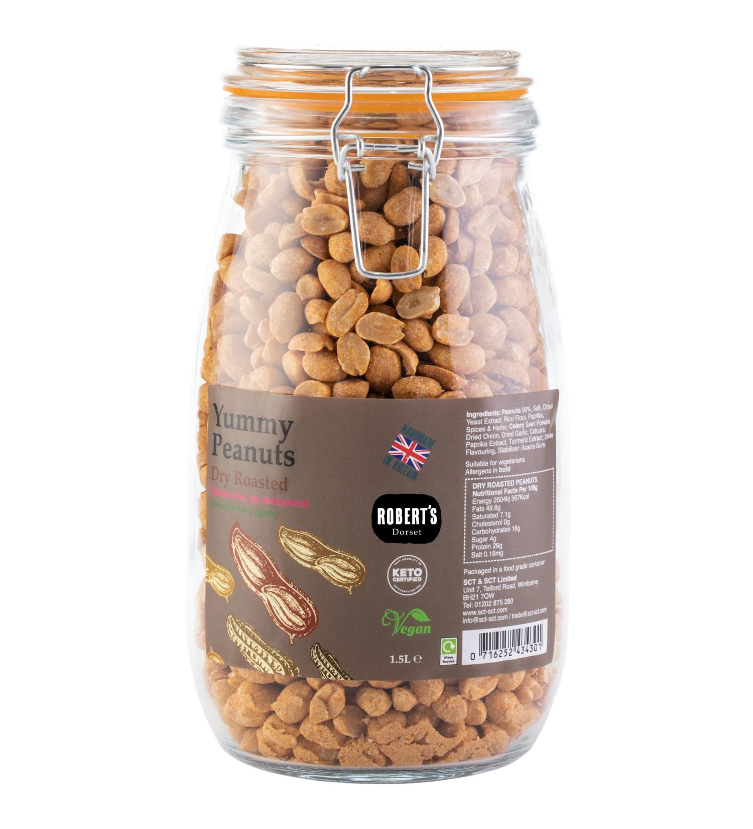 Yummy Peanut 1.5L / 1Kg Glass Jar - Available in Multiple Flavours - Gluten & Free Vegan Low Carb High Protein - Handmade in Britain with Family Recipe (Dry Roasted)