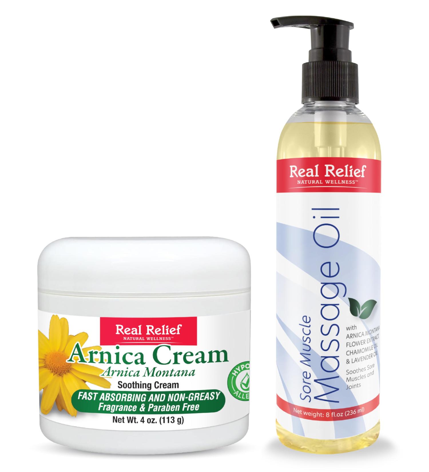 Real Relief Arnica Combo Set (4 oz Cream + 8 oz Massage Oil) - Buy Online on GoSupps.com