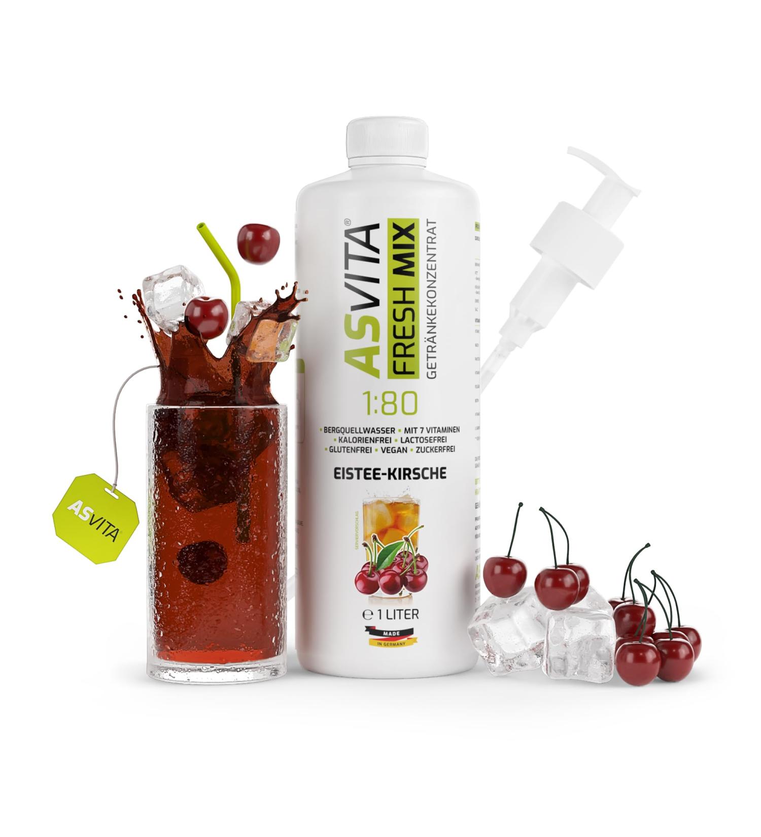 Asvita Beverage Concentrate Fresh Mix 1:80 - Sugar-Free Drink Syrup (Iced Cherry) with Dosing Pump - 26 Flavors - International Shipping - Buy Online on GoSupps.com