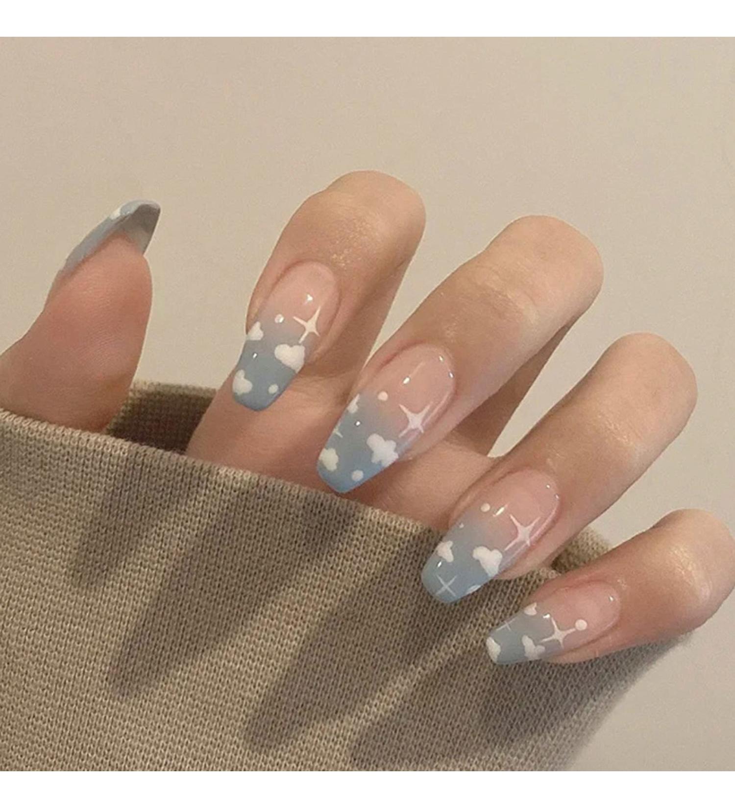 FULZTEY French Glossy Pink-Blue Cloud Coffin Press on Nails - 24Pcs Medium False Nails for Women, Ballerina Nail Art DIY Acrylic Fake Nail Tips - Buy Online on GoSupps.com