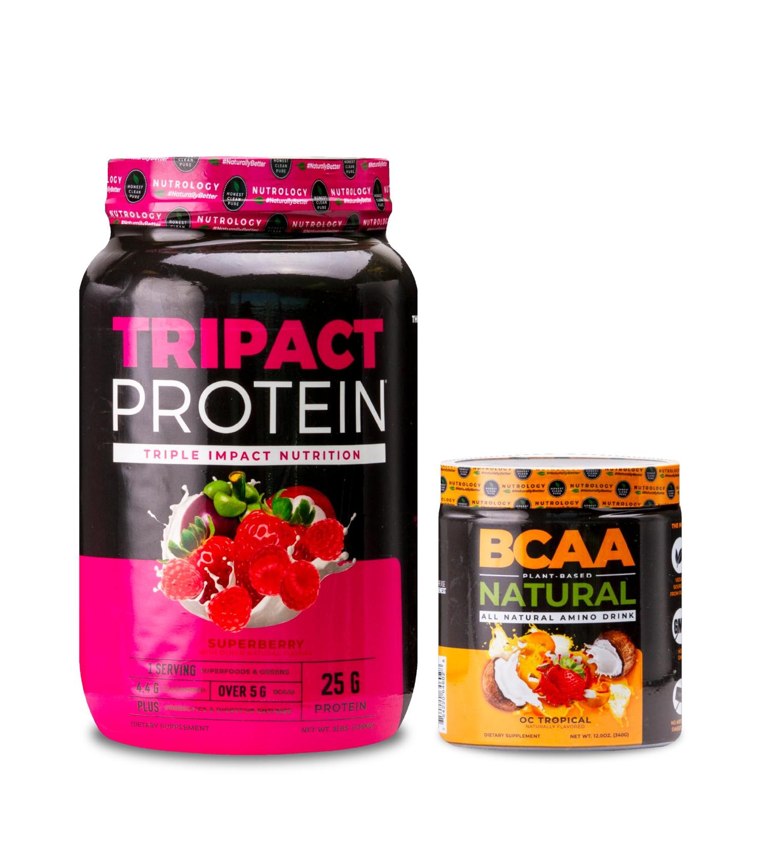 Nutrology TRIPACT Protein Powder 7-in-1 Meal Replacement Shake Superberry (40 Servings) BCAA Natural Plant Based BCAA Powder Orange Coconut Flavor (30 Servings) - Buy Online on GoSupps.com