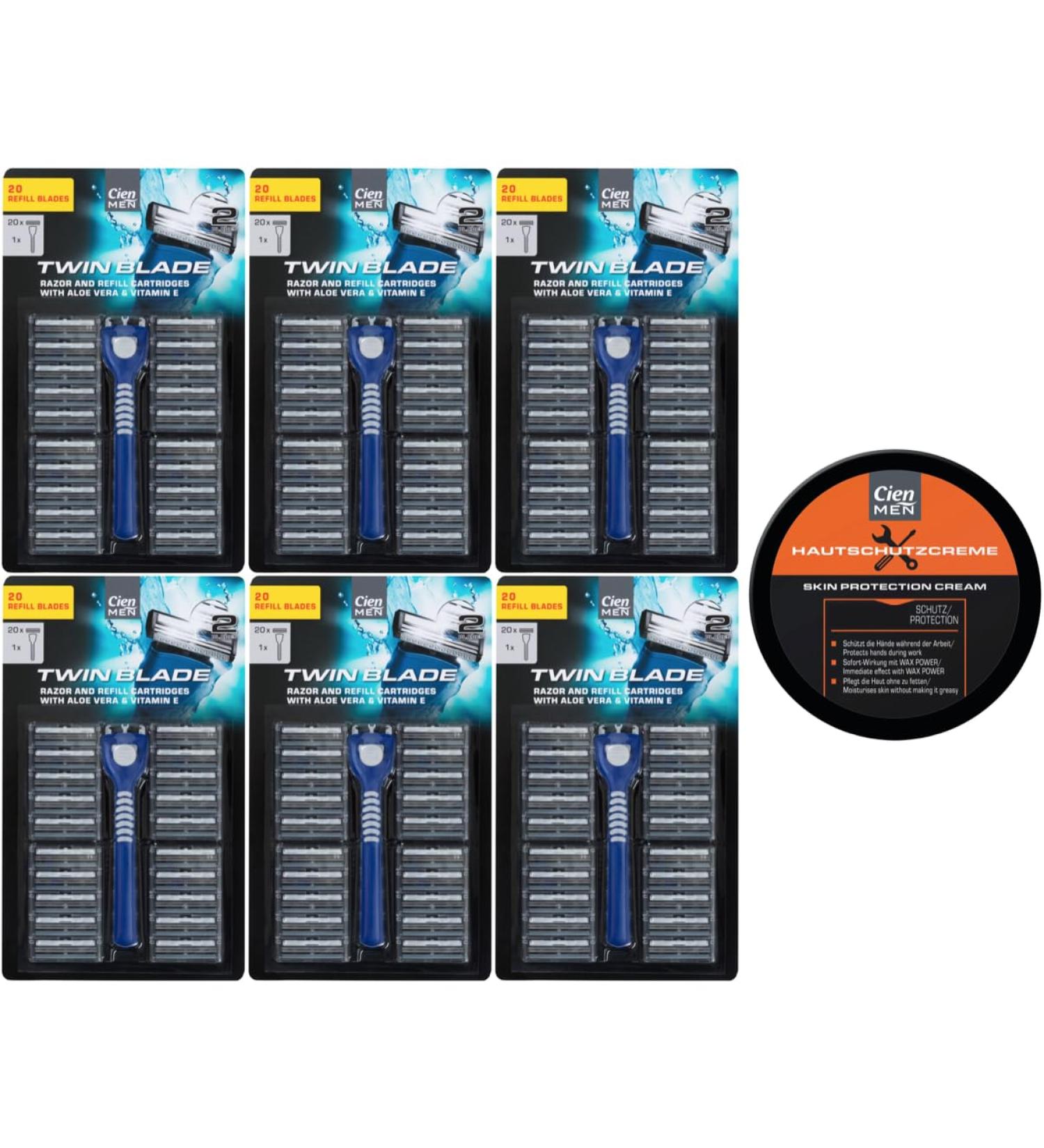 Cien Men Twin Blade Razor System - 6 Wet Razors + 120 Blades + Skin Protection Cream (75ml) - International Shipping Available - Buy Online on GoSupps.com