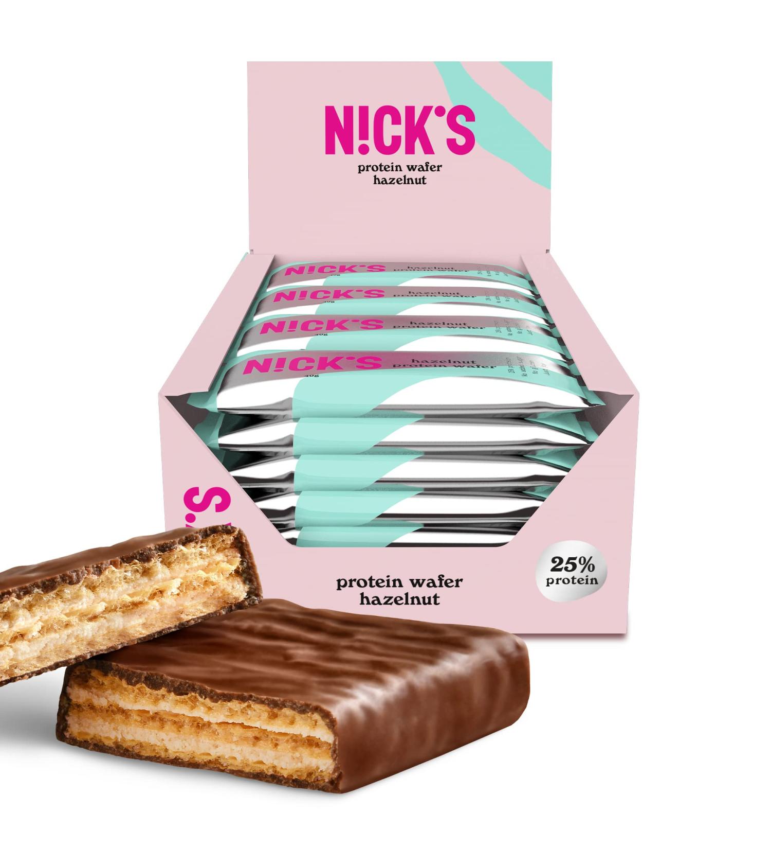Nicks Hazelnut Protein Wafer Bars - 25% Protein Low Carb Gluten-Free No Added Sugar - 24 Pack (40g Each) | Healthy Chocolate Snacks - Buy Online on GoSupps.com