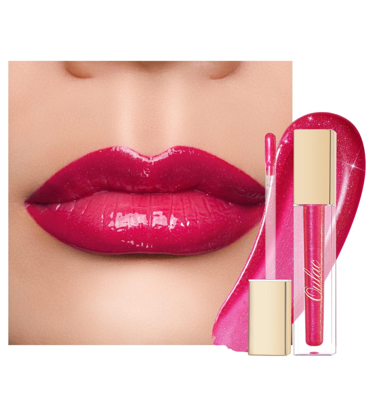 Oulac Cherry Sexy Lip Gloss - 3D Moisture Liquid Lipstick with Rosendamascena Extract - Transparent Glitter - 4.5ml for Dry Lips - Buy Online on GoSupps.com