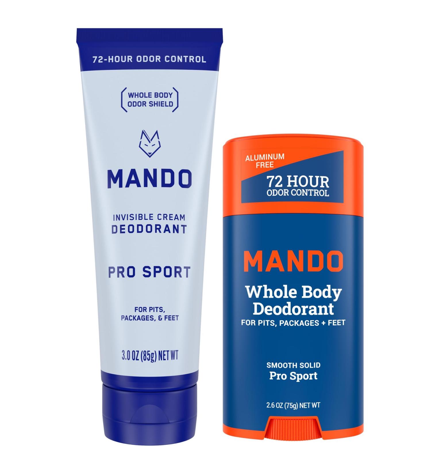 Mando Whole Body Deodorant - Invisible Cream and Solid Formulas - 72 Hour Odor Control - Aluminum & Baking Soda Free - Skin Safe - 3 oz Cream & 2.6 oz Solid Bundle - Pro Sport - Buy Online on GoSupps.com