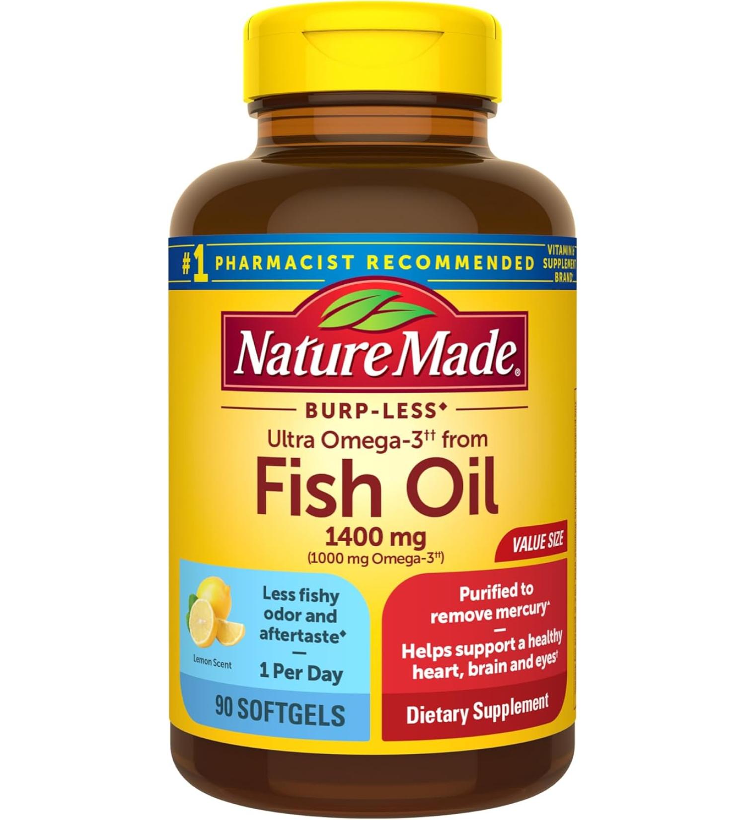 Nature Made Burp Less Ultra Omega 3 Fish Oil Supplements 1400 mg Omega 3 Supplement for Healthy Heart Brain and Eyes Support 90 Softgels - Buy Online on GoSupps.com
