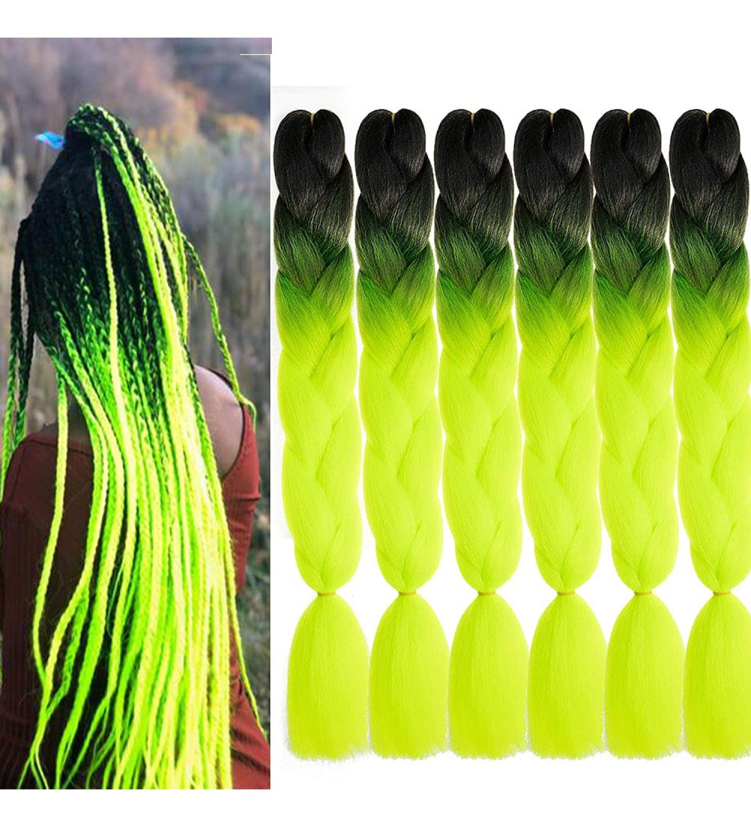 Afro Braids Kanecalon Hair Extensions - Ombre 24inch 6PC 100g - Black/Green Yellow Crochet Twist Braids - Buy Online on GoSupps.com