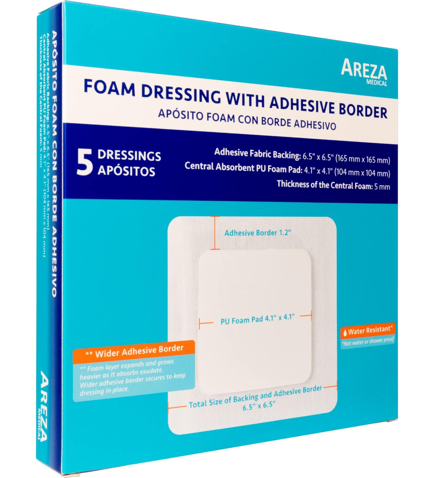 Areza Medical Foam Wound Dressing with Adhesive Border 6.5 x 6.5 Central Foam 4.1 x 4.1 5mm Thickness - 5 per Box - Buy Online on GoSupps.com
