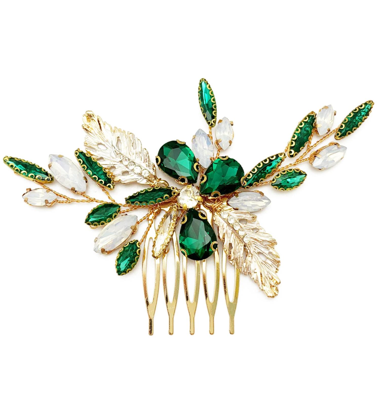 Emerald Green Crystal Leaf Bridal Side Comb - Wedding Hair Accessory for Women & Girls - Buy Online on GoSupps.com