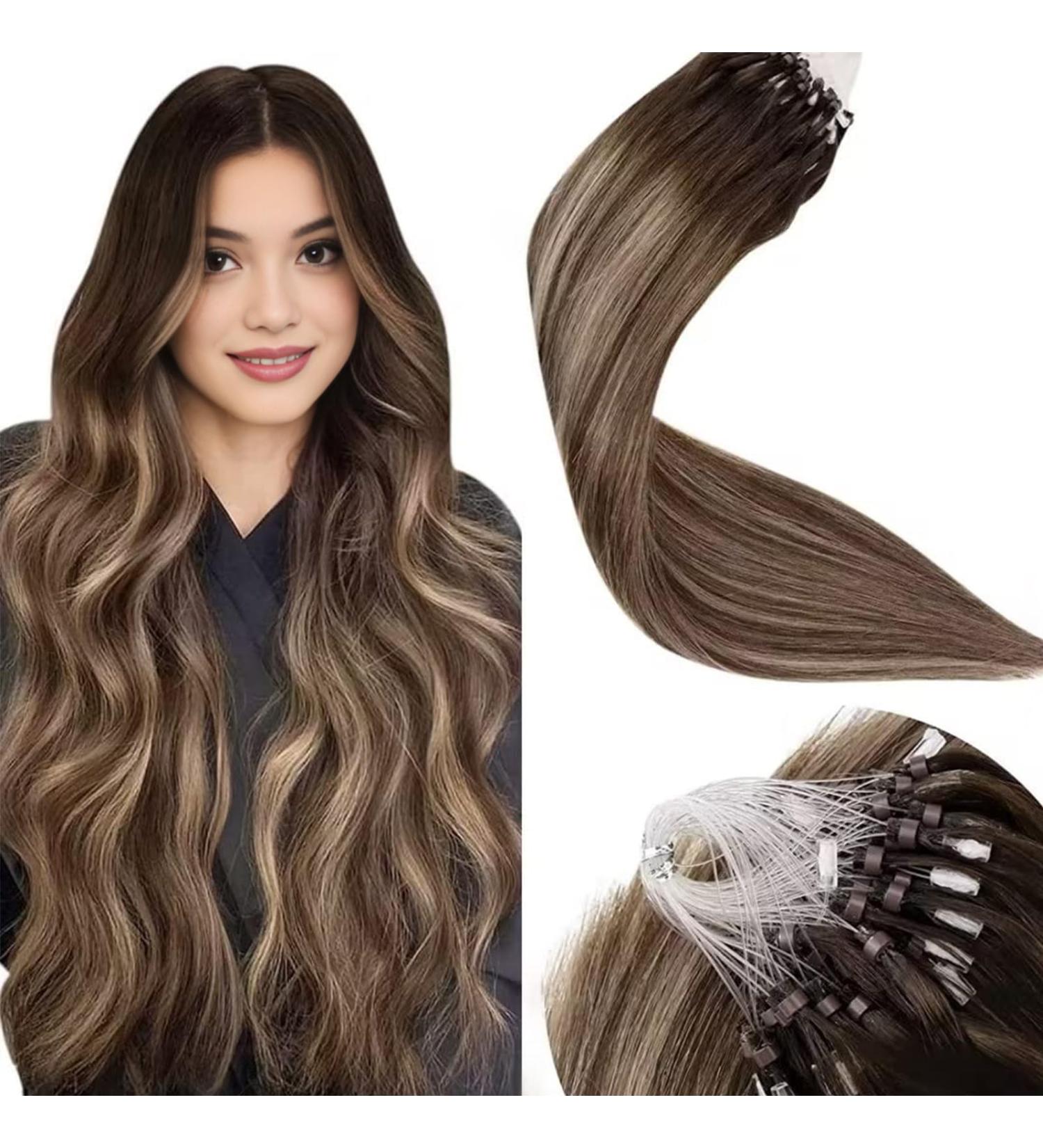 LAAVOO Microring Hair Extensions - 1g 50 Strand Balayage Real Hair 35cm Dark Brown to Dark Ash Blonde Micro Extensions #4/18 for Luxurious Length and Volume - Buy Online on GoSupps.com