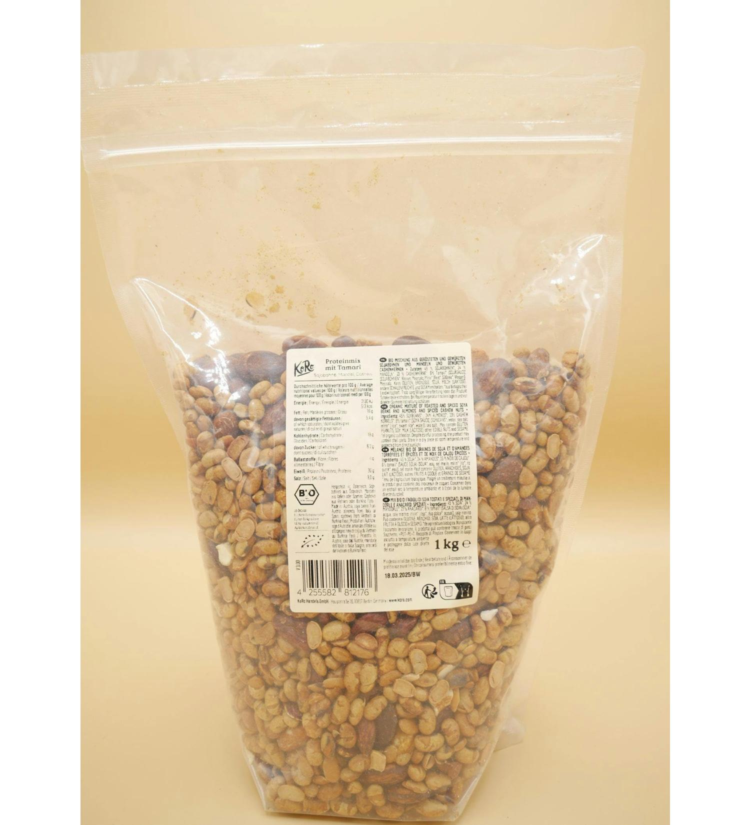 KoRo - Organic protein nut mix with tamari 1kg - With soy seeds, almonds and cashews - Spicy and hazelnut taste - Vegan