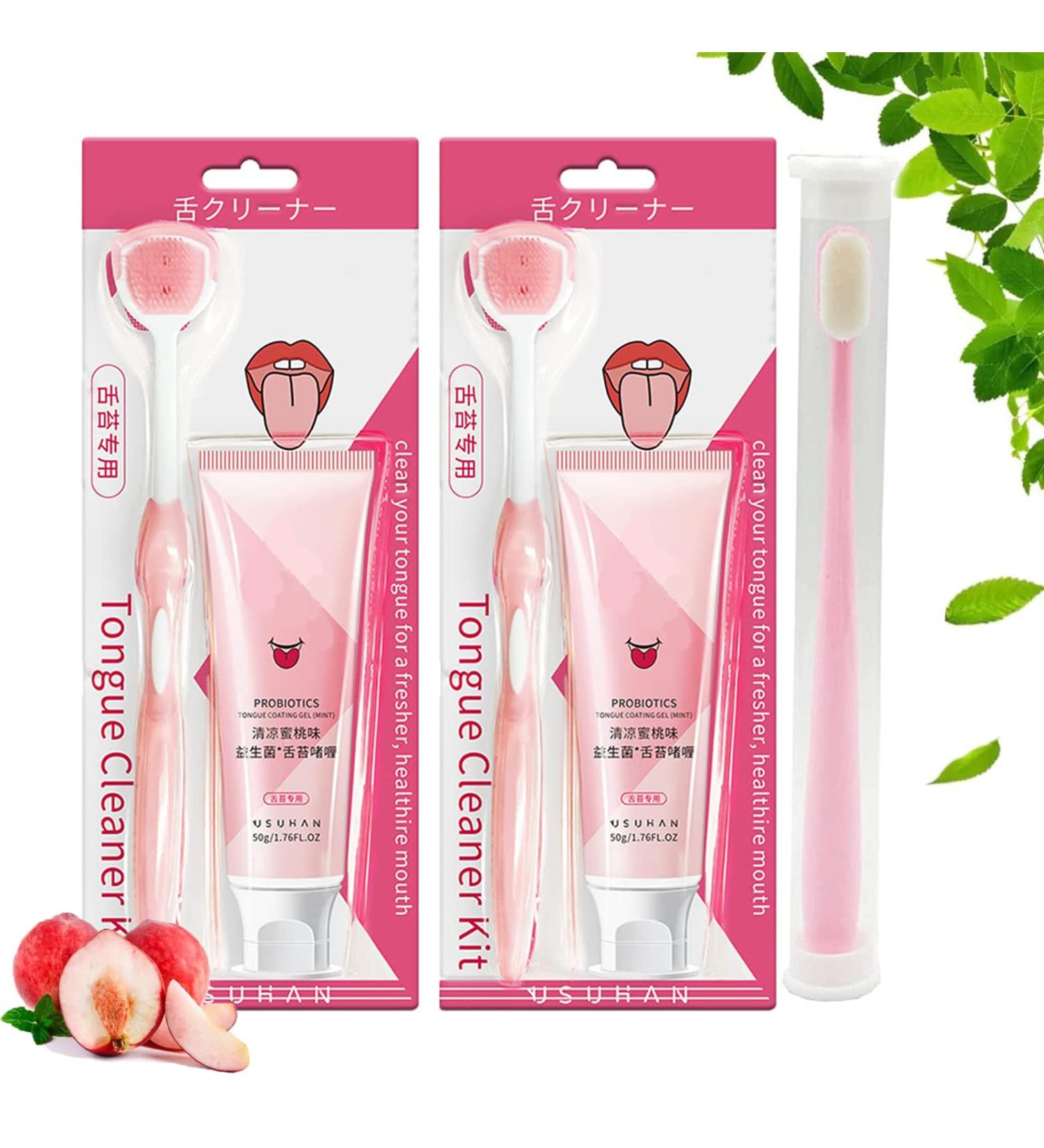 Dinniwell Oral Hygiene Brush & Probiotic Tongue Cleaning Gel Set - Mint Flavor (2pcs - Peach) | Effective Oral Care & Fresh Breath - Buy Online on GoSupps.com