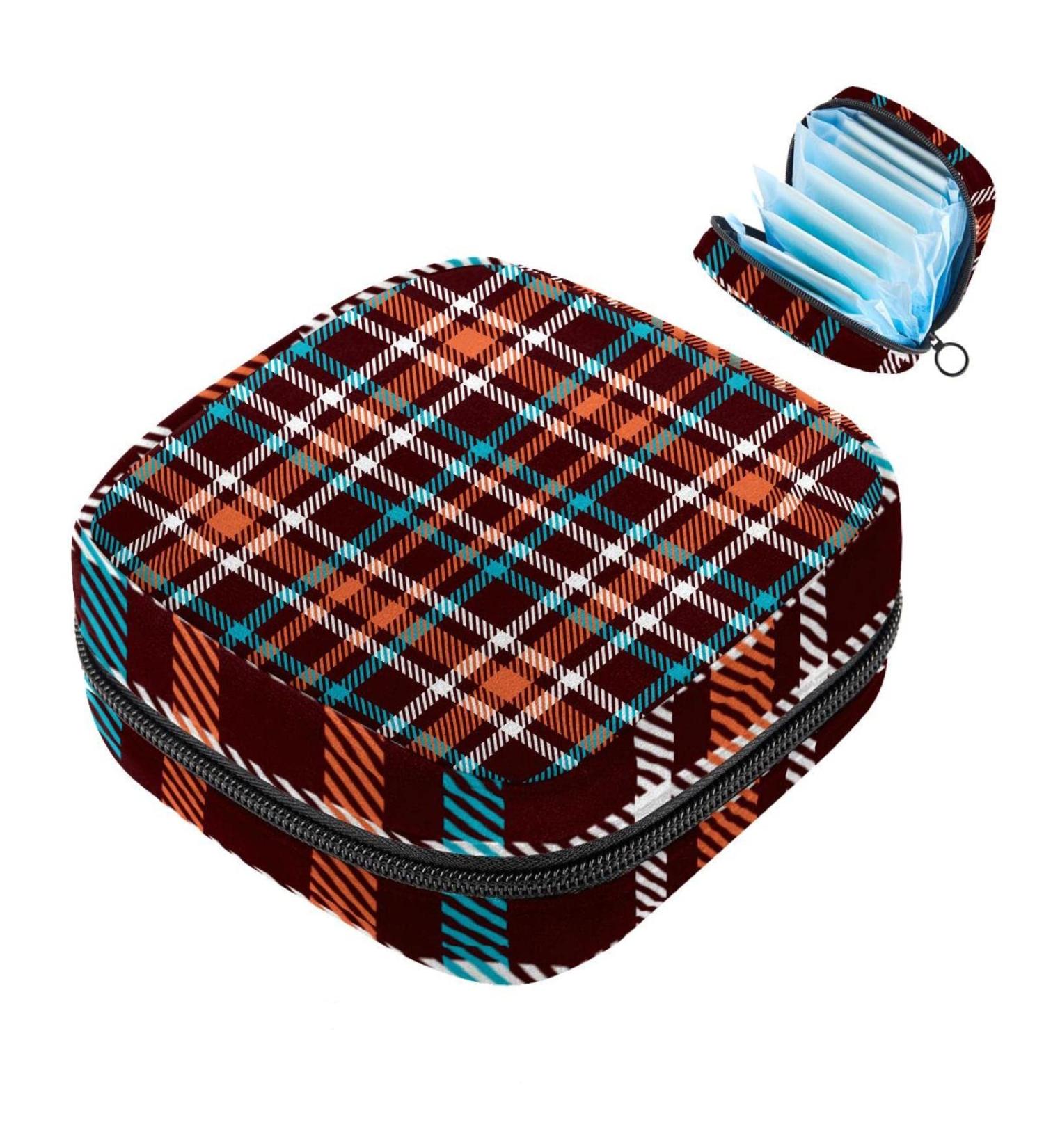 Shop Stylish Women's Binding-Up Bags | Orange Brown & Blue Checkered Tampon Storage with Zip Pockets - Buy Online on GoSupps.com