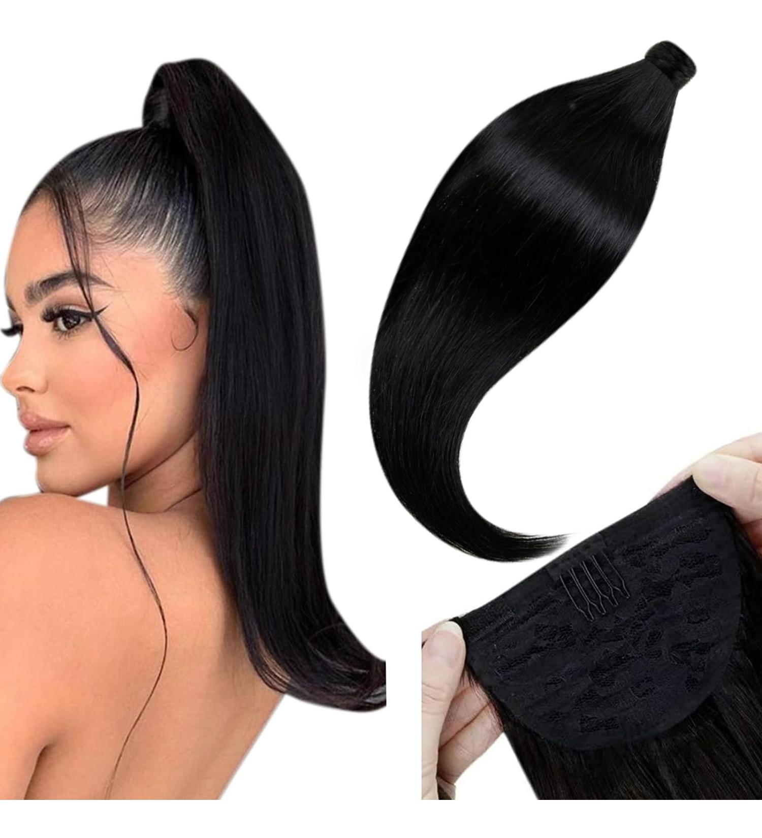 Black Braid Hair Extension - 80g Real Human Hair Ponytail - 50cm Remy Straight Black #1b - Buy Online on GoSupps.com