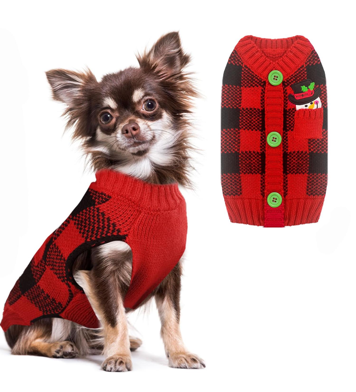 Abrrlo Christmas Dog Sweater - Warm Red-Black Checkered Sweater for Small & Medium Dogs - Buy Online on GoSupps.com