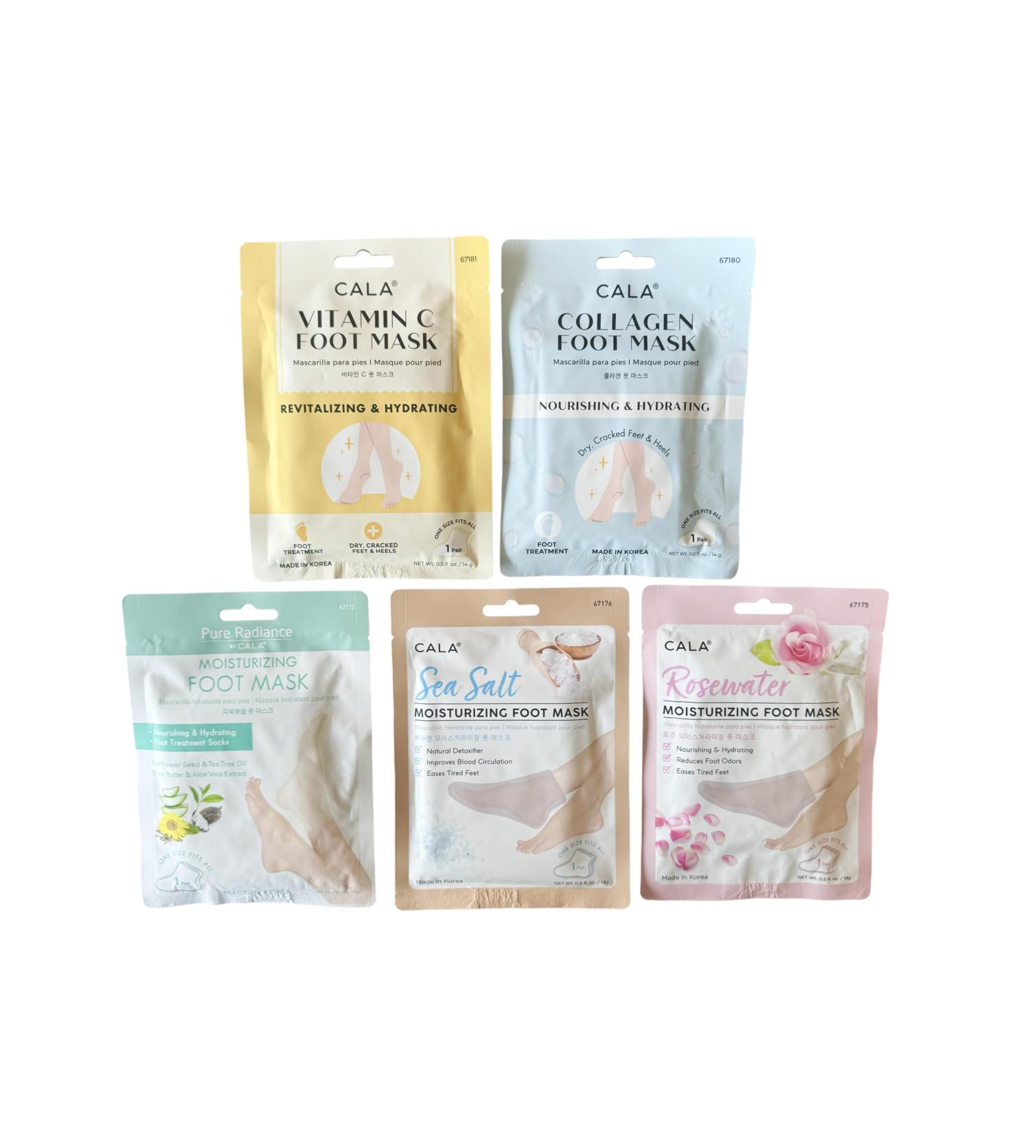 Cala Foot Mask - Moisturizing Spa Treatment Silicone Socks Feet Masks Collagen Rosewater Sea Salt Vitamin C 5 Pack