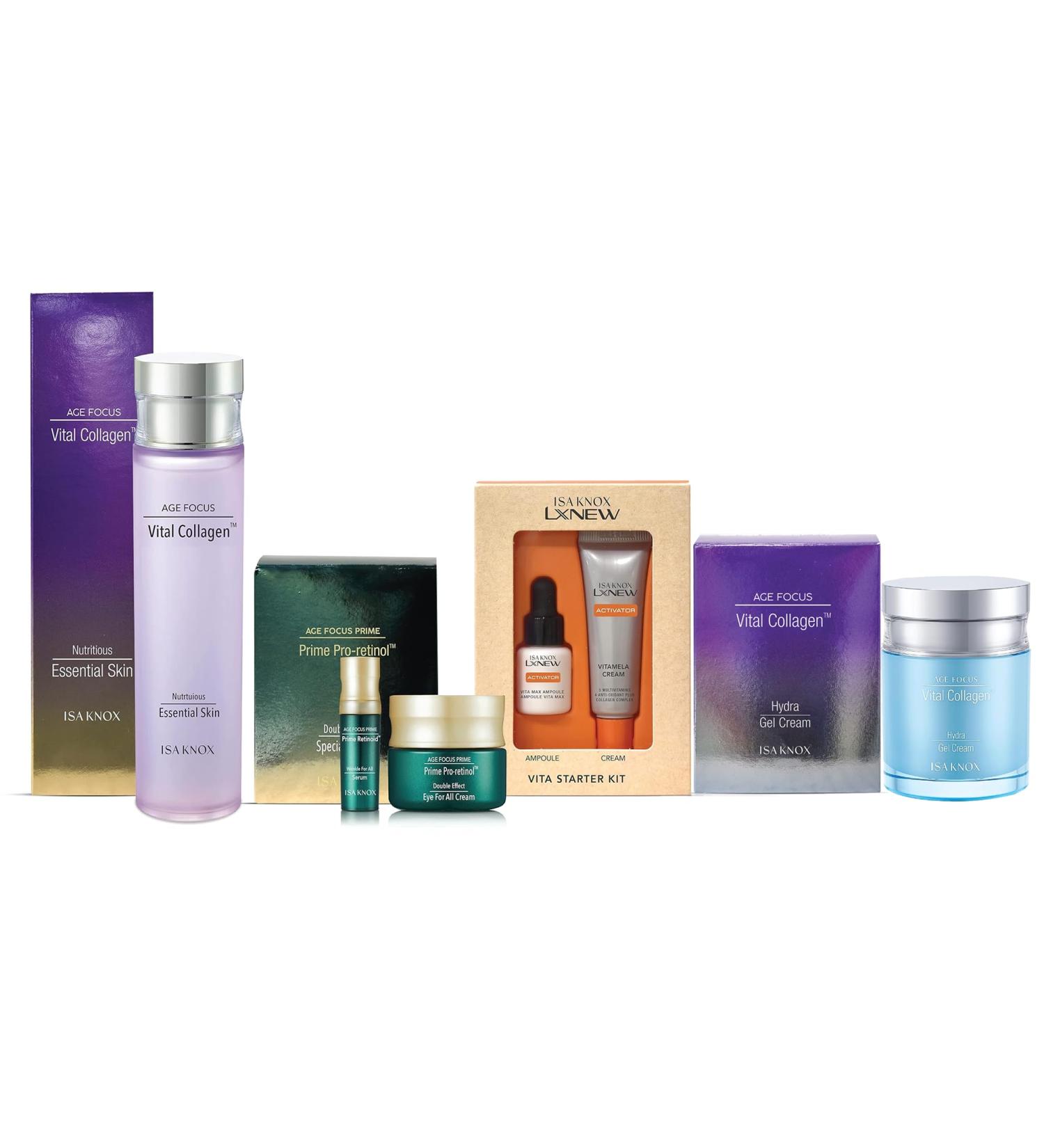 ISA KNOX Age Focus Vital Collagen Essential Collection - Skin Toner(160ml/5.41fl oz) Prime Retinoid Serum(7ml/0.23fl oz)+Eye Cream(10ml/0.33fl oz) Travel Set Collagen Gel Cream(100ml/3.38fl oz) LXN - Buy Online on GoSupps.com