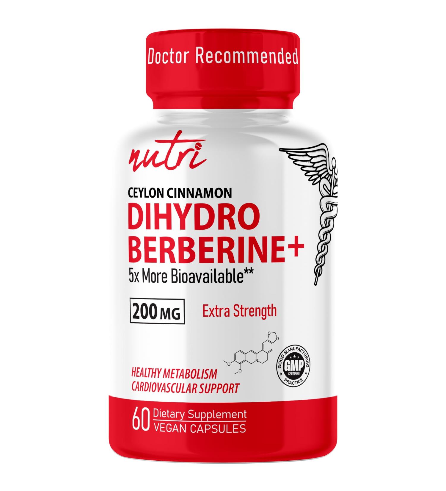 Dihydroberberine Supplement 200mg 60 Capsules - with Organic Ceylon Cinnamon 54X More Bioavailable Than Regular Berberine HCL - Nutri Supplements Dihydroberberine 200mg - 3rd Party Tested - Vegan DihydroBerberine 60 Count  - Buy Online on GoSupps.com