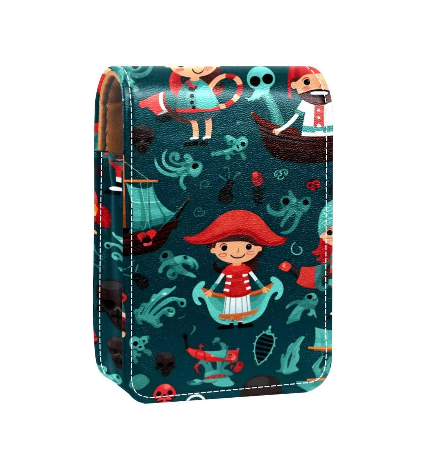 Shop Cartoon Pirate Ocean Theme Leather Lipstick Case - Mini Lip Gloss Organizer with Mirror | International Shipping Available - Buy Online on GoSupps.com