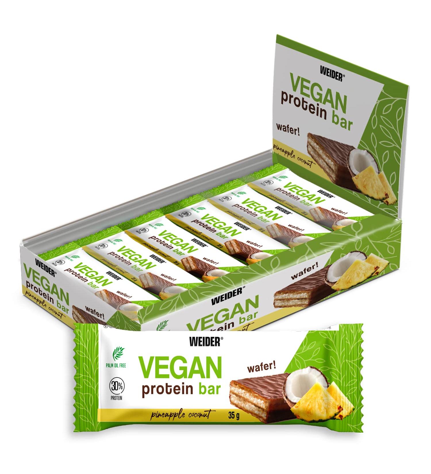 Weider Vegan Protein Bar (12x35g) Pineapple-Coconut Flavor. Delicious Wafer Bar 30% Pea and Rice Protein 100% Vegan Crispy and Coated with Dark Chocolate Palm Oil Free - Buy Online on GoSupps.com