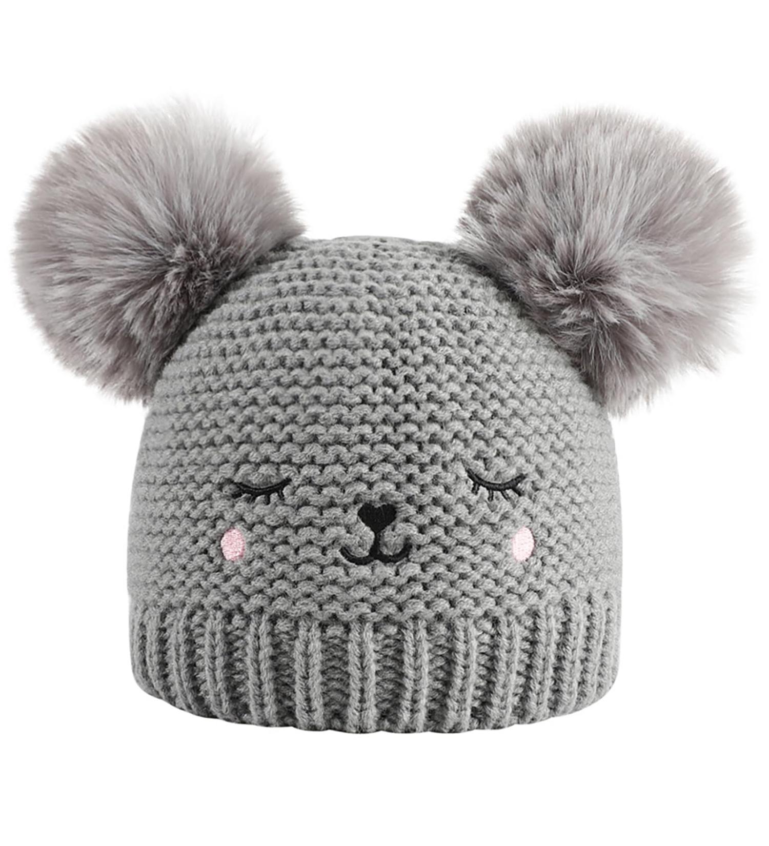 XYIYI Baby Kids Winter Warm Knit Hat with Crochet Fur Pom Beanie Cap - Bear Grey | 6-24 Months Boys Girls - Buy Online on GoSupps.com