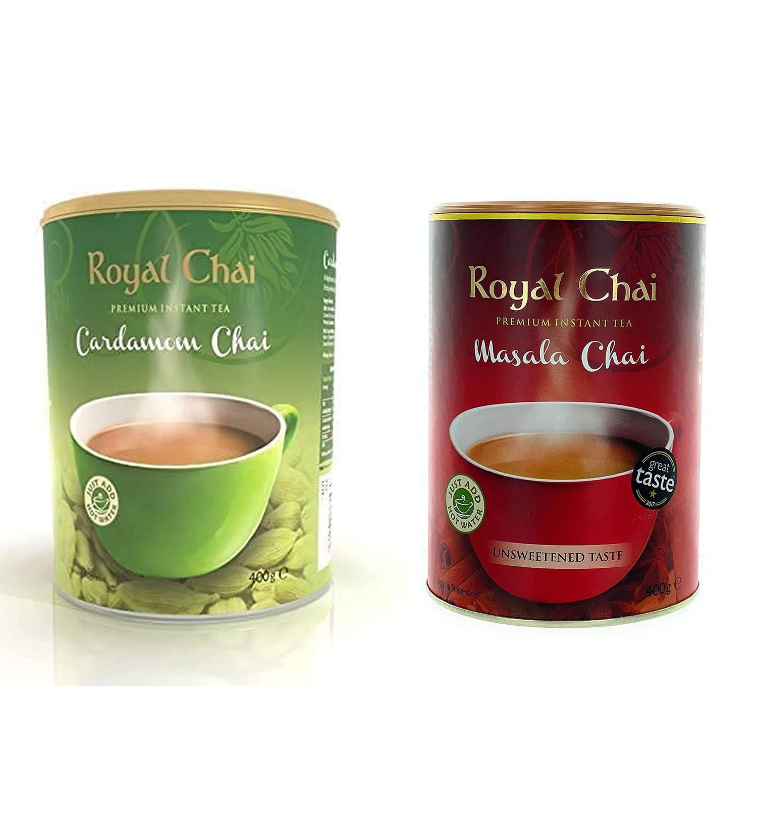 Royal Chai Cardamom Unsweetened 400g and Masala Unsweetened 400g - Premium Instant natural Tea - Buy Online on GoSupps.com