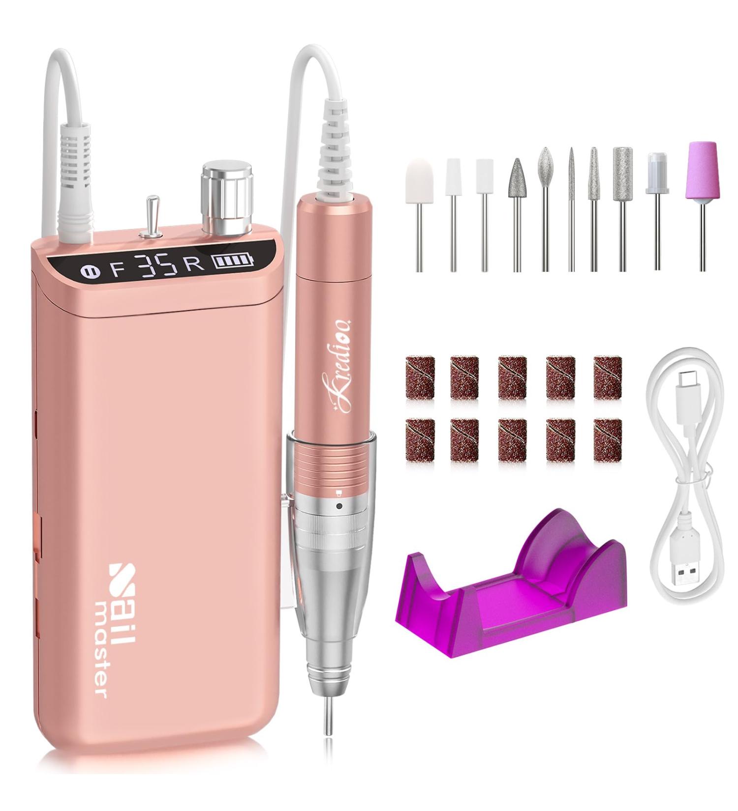 Kredioo 350000RPM Rechargeable Nail Drill for Acrylic Gel Nails - Salon Quality Electric File Manicure Tool with 10 Bits - Rose Gold - Buy Online on GoSupps.com