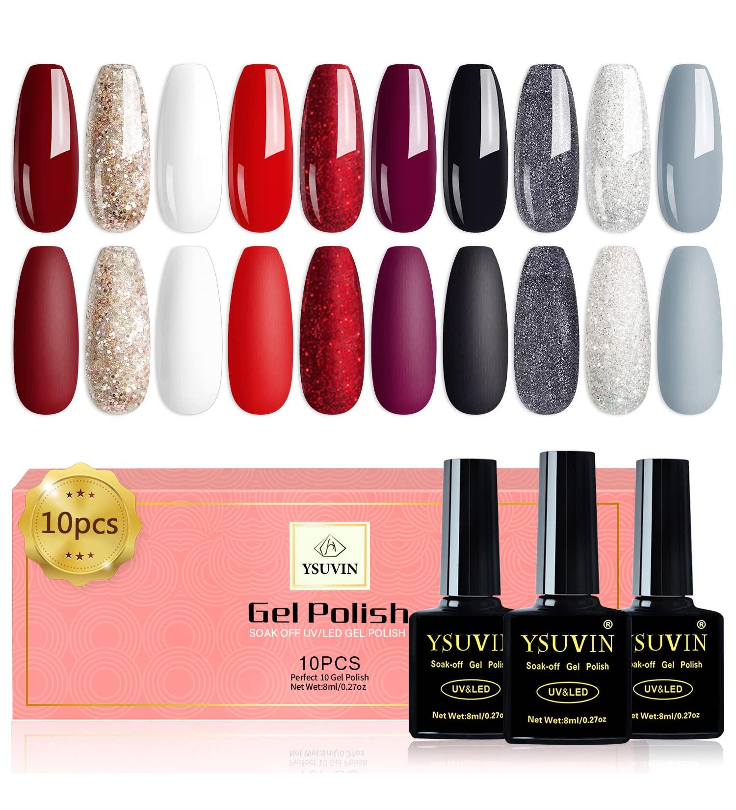 Yueshop 10-Piece Gel Nail Polish Set - Red, Black, Grey, Silver, White Glitter Gel Varnish Kit for Seasonal Nail Art - Soak Off, LED Lamp, DIY Manicure - Perfect Gift for Women - Buy Online on GoSupps.com