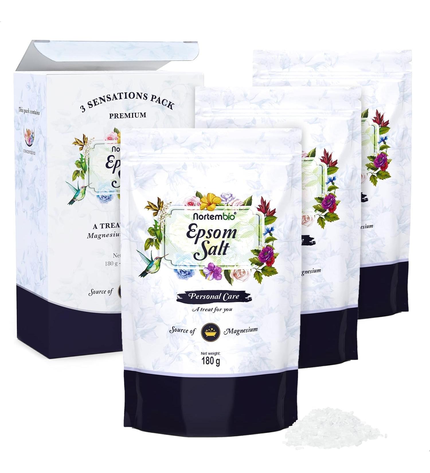 Nortembio 100% Pure Epsom Salts 3 x 180g Concentrated Source of Magnesium | For Sensitive Skin | With Moisturizing Vitamins C and E | Additive-Free Natural External Use + Free E-Book - Buy Online on GoSupps.com