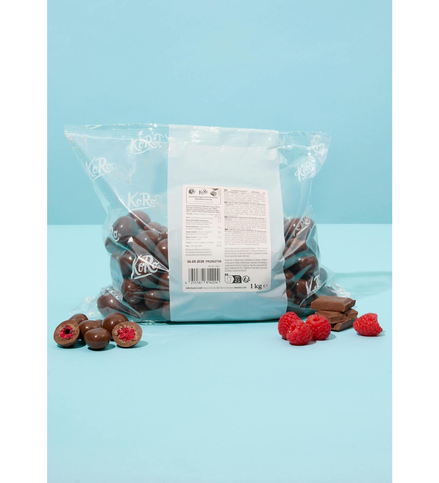 KoRo KoRo - Freeze-dried milk chocolate coated raspberries 1kg - Sweet sweetness - Crunchy chocolate coating - As a snack topping or gift - Buy Online on GoSupps.com
