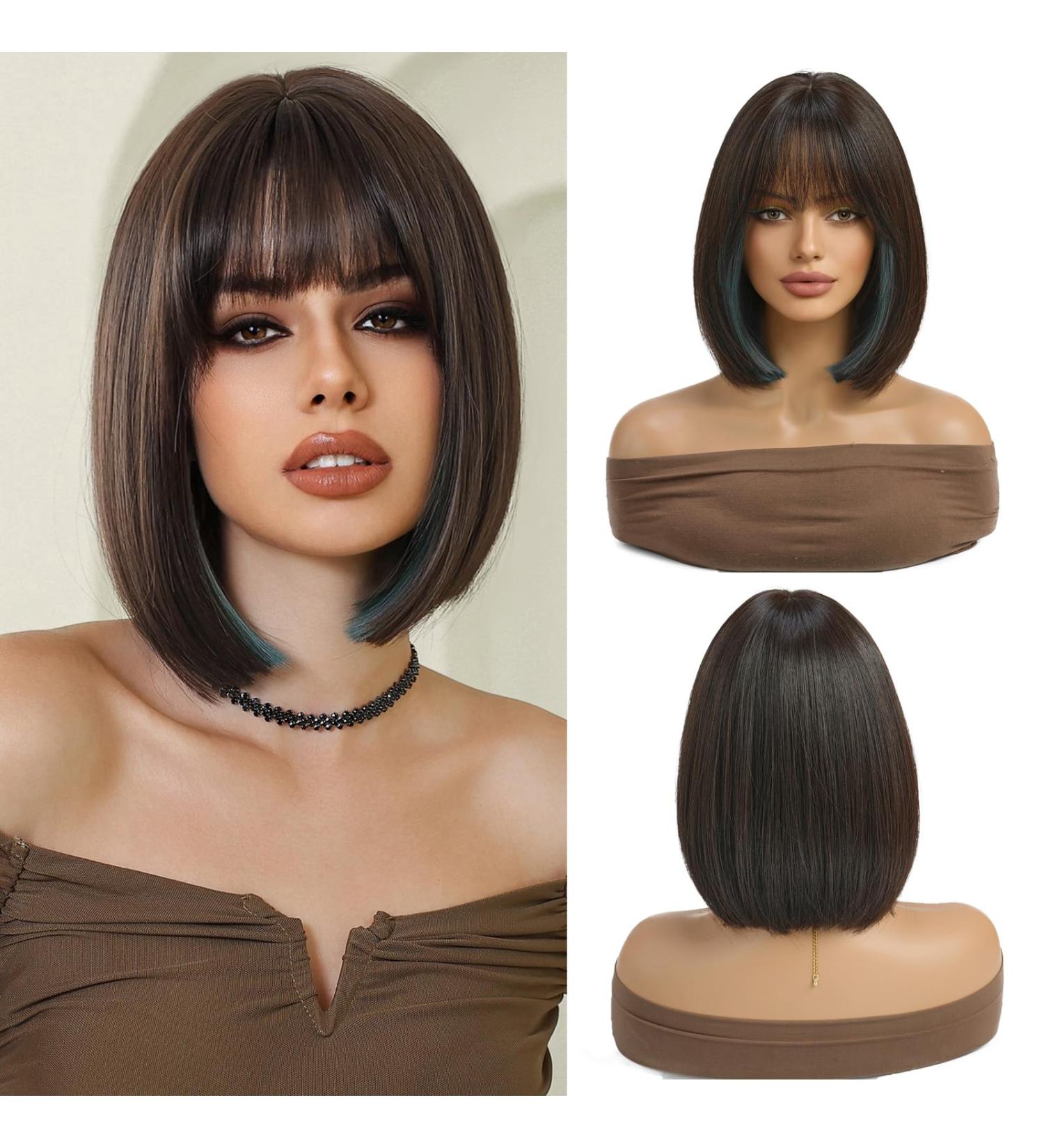 Esmee Brown Highlight Bob Wig with Fringe - 12 Inch Synthetic Shoulder Length Cosplay Wig for Women - Buy Online on GoSupps.com