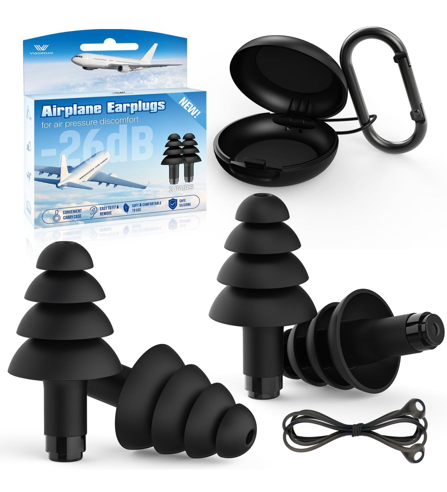 Buy Ear Plugs for Airplane Ear Pressure Relief - 2 Pairs Soft Silicone Reusable 26dB with Connector Cord | Travel Essentials for Flying - Carbon Black - Buy Online on GoSupps.com