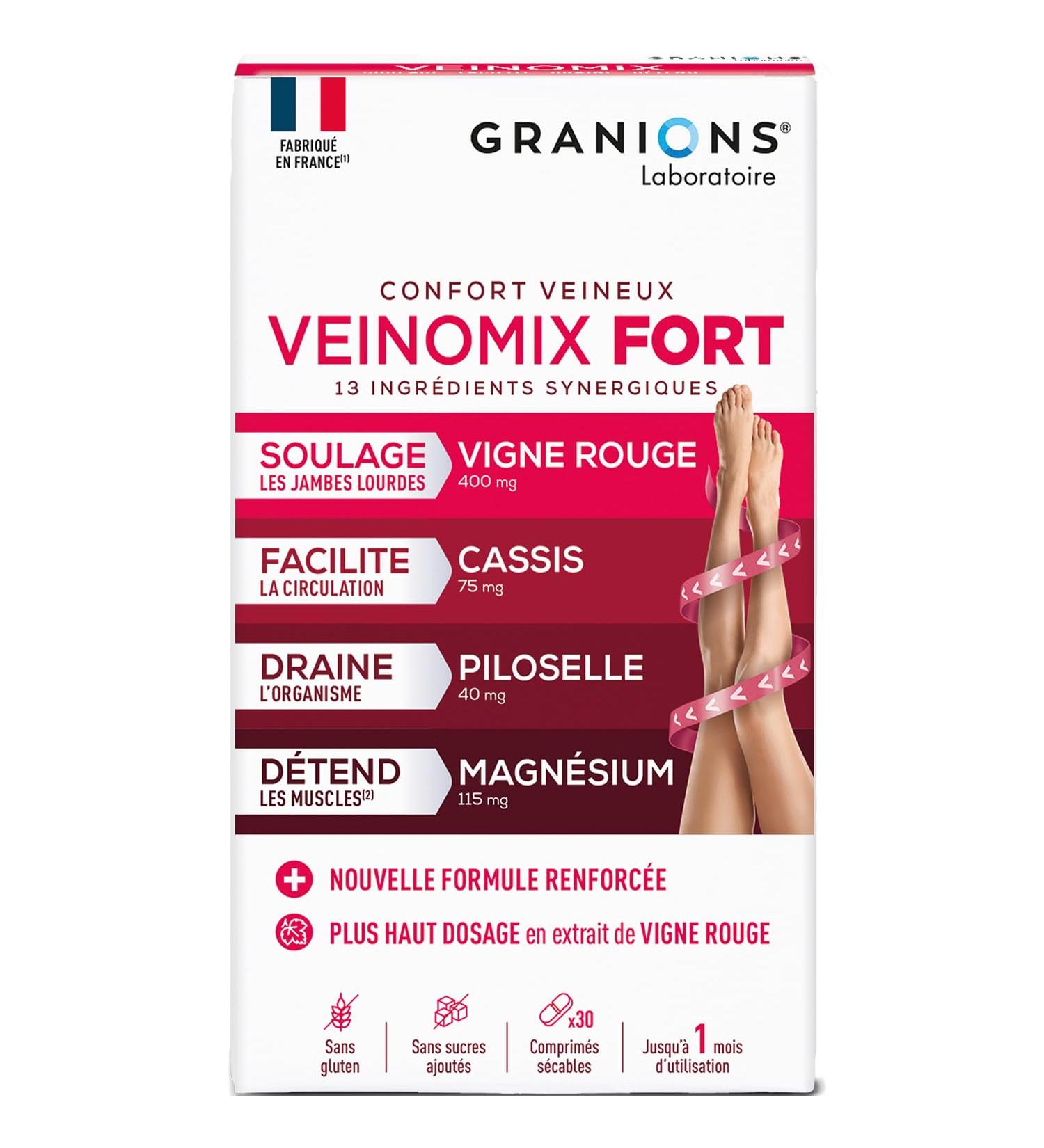 GRANIONS - VEINOMIX FORT - Powerful draining water retention - Blood circulation Legs - Red vine + Vitamin C + Vitamin E - Re - Buy Online on GoSupps.com