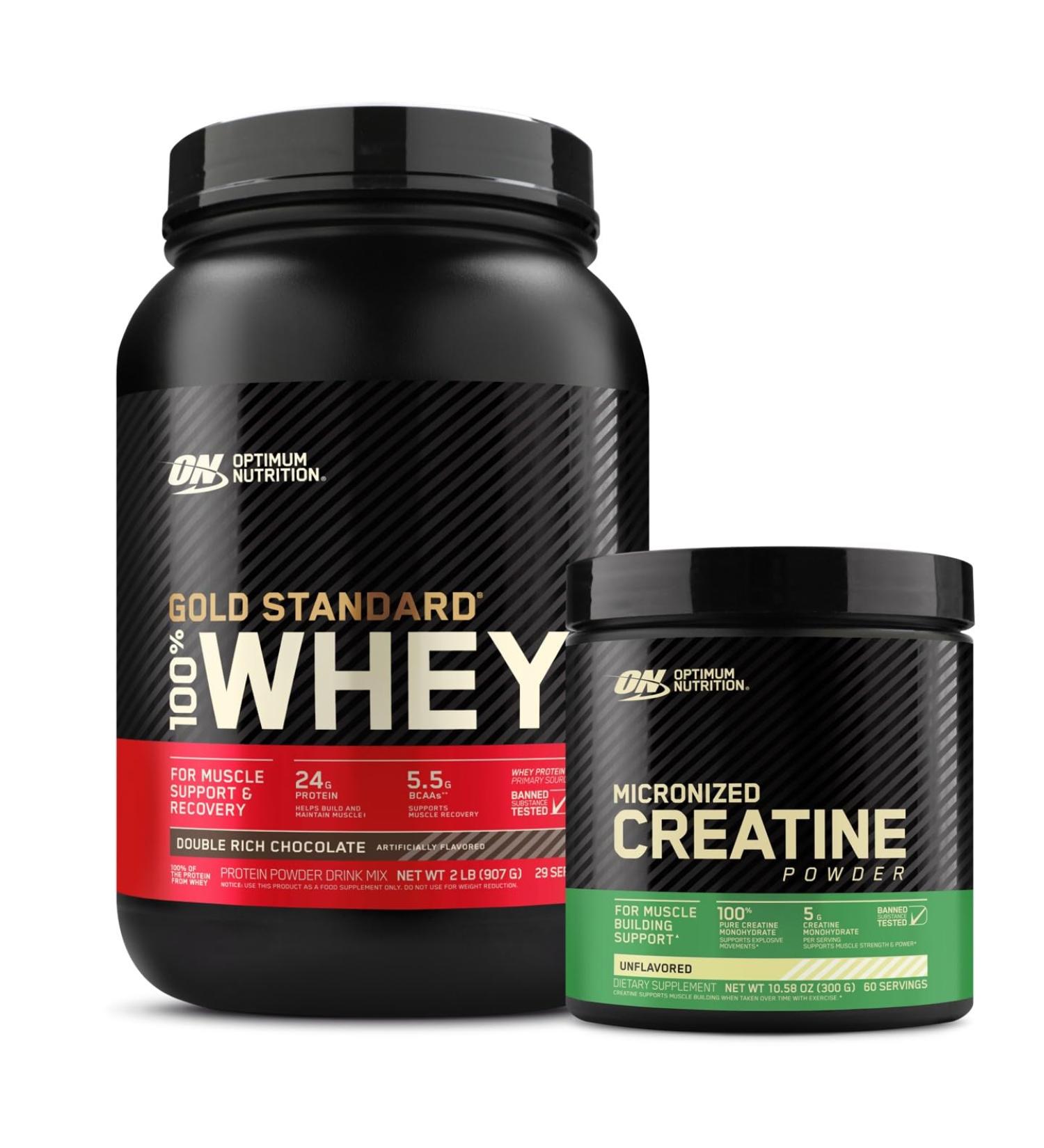 Optimum Nutrition ON Gold Standard 100% Whey Protein Primary Source Isolate - Double Rich Chocolate 2 Lbs + ON Micronized Creatine Monohydrate Powder - Unflavored 300 Grams - Buy Online on GoSupps.com