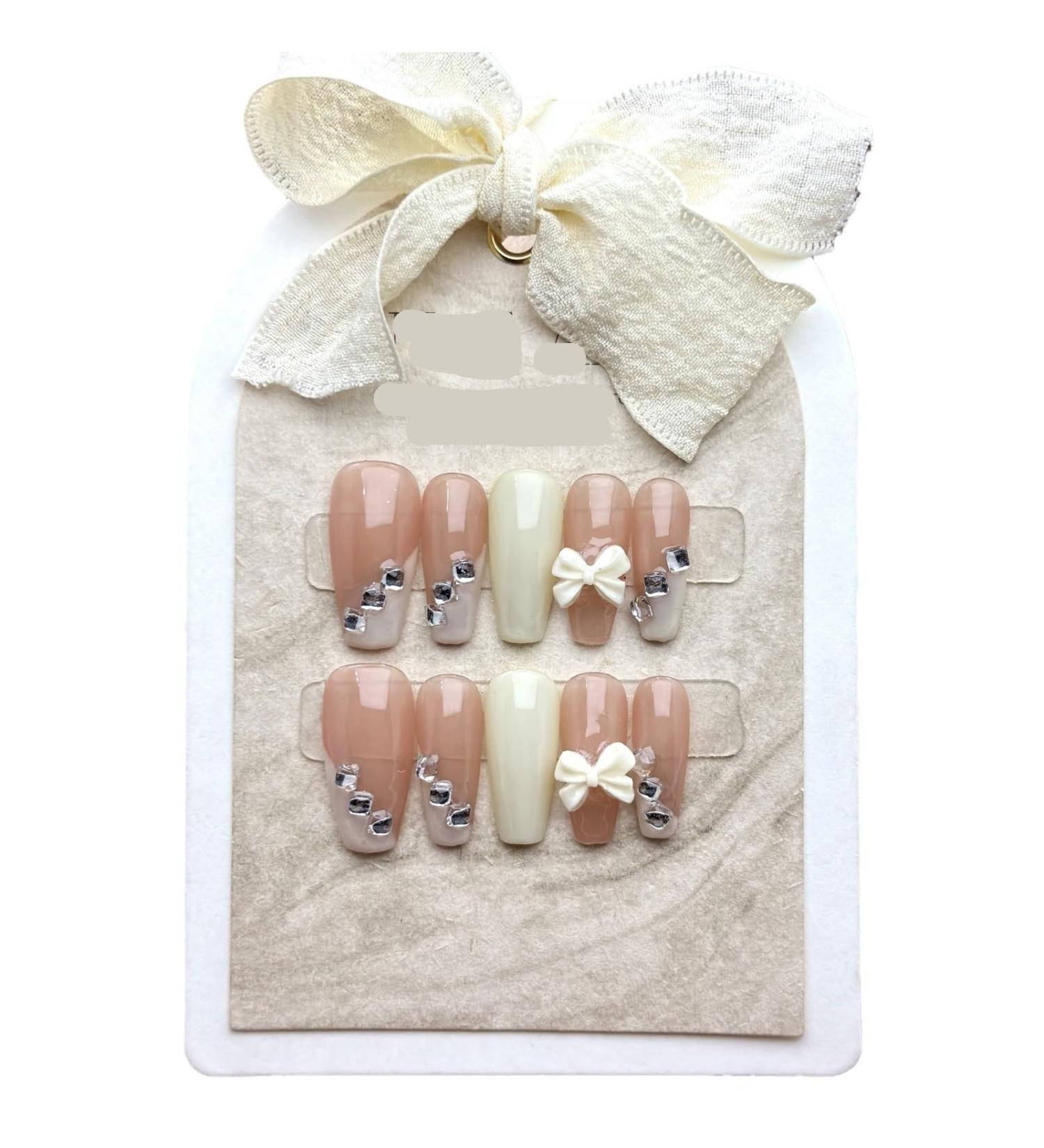 Milk White Butterfly Handmade Wearing Party A Diamond French Medium Length Wearable Nail Panel False Nail 10pcs (Size : L) 1 count (Pack of 1)
