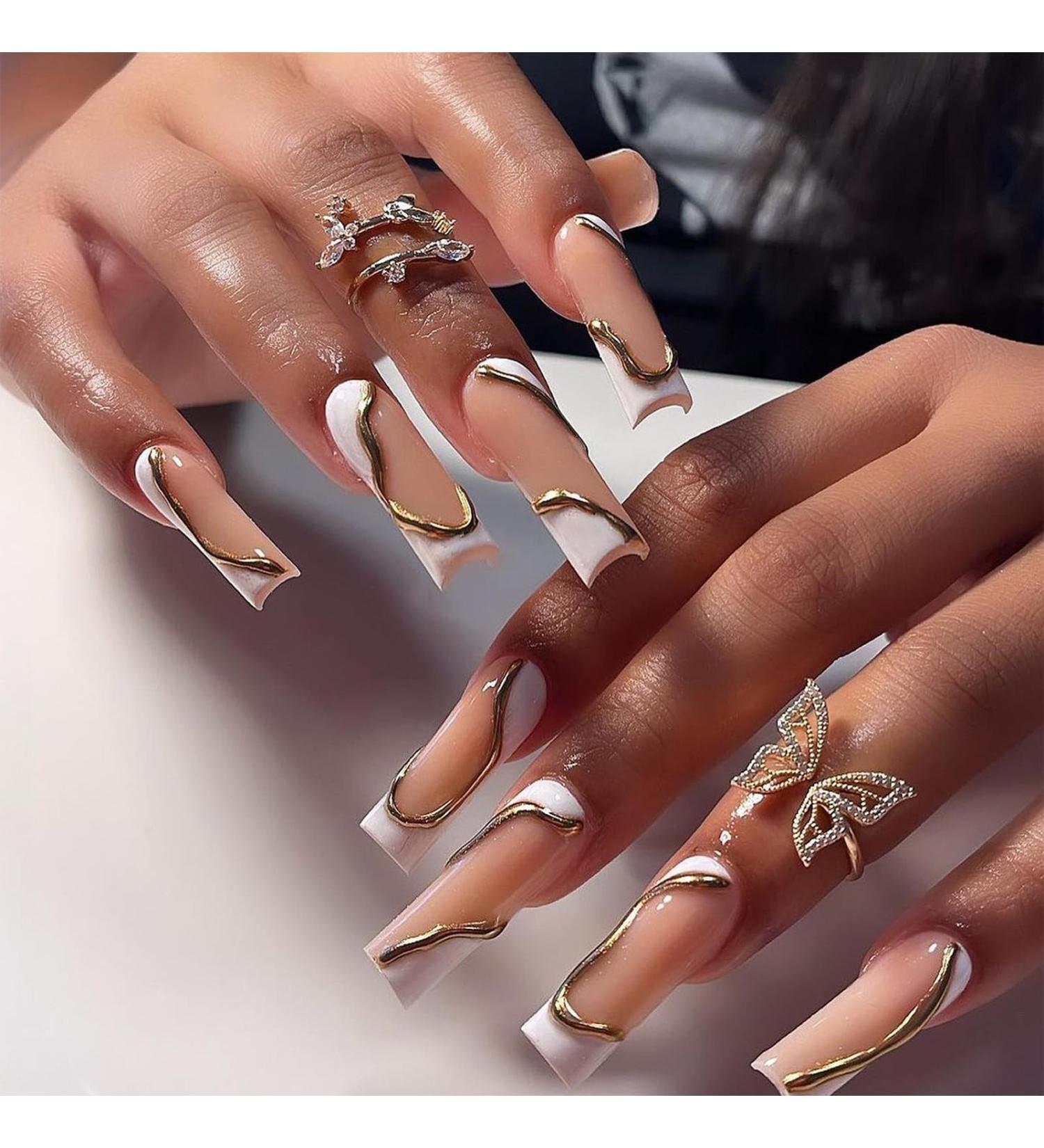 Extra Long Press On Nails - Aegenacess 3D Gold Swirls Handmade 24pcs Square Nails in Nude & White 12 Sizes Glue Stickers Included - Buy Online on GoSupps.com