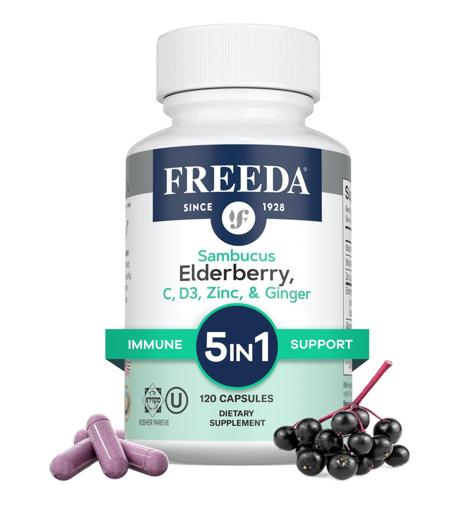 FREEDA Sambucus Elderberry with Vitamin C Zinc Vitamin D3 & Ginger - 5 in 1 Herbal Antioxidant Immune Support Supplement for Women & Men - Gluten Free Adult Elderberry Capsules USA Made (120 Count) 120 Count (Pack of 1) - Buy Online on GoSupps.com