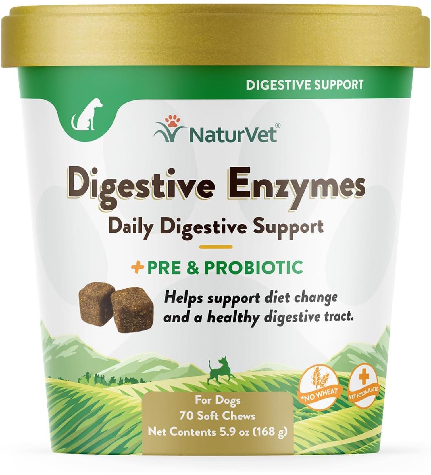 NaturVet Digestive Enzymes + Pre & Probiotics for Dogs - 70 Soft Chews (5.9 oz) - Buy Online on GoSupps.com