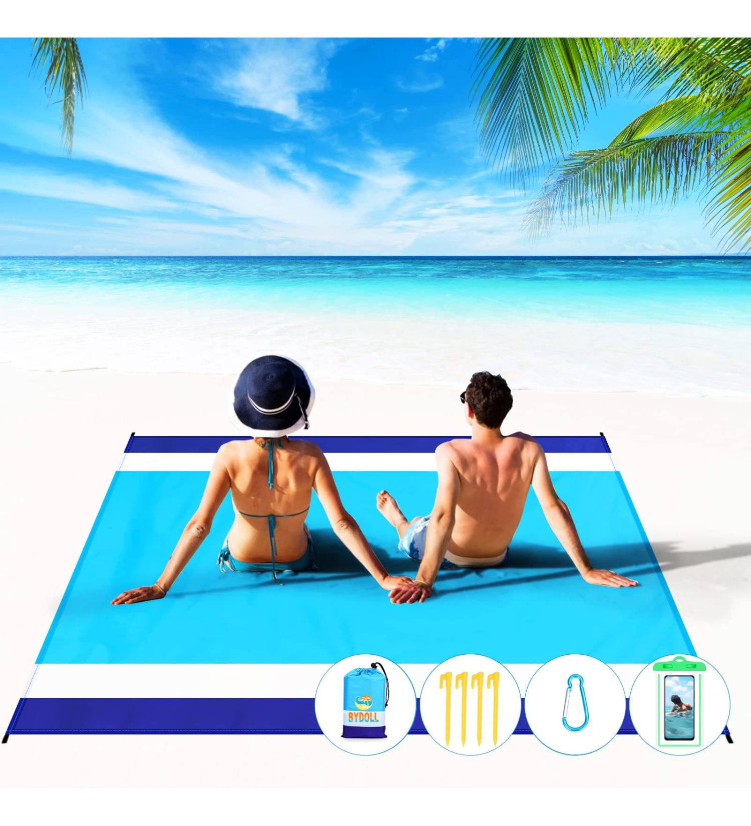 BYDOLL Beach Blanket 81''x83'' Blue-White Lightweight Waterproof Sandproof Picnic Mat for Beach Travel & Camping - Buy Online on GoSupps.com