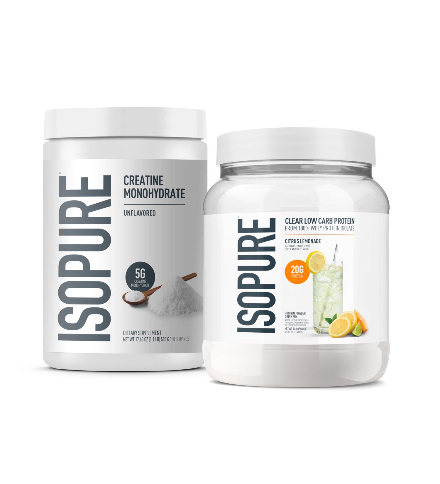 Isopure Bundle of Clear Whey Isolate Protein Powder Citrus Lemonade 16 Servings 100% Pure Creatine Monohydrate Powder Unflavored 100 Servings - Buy Online on GoSupps.com