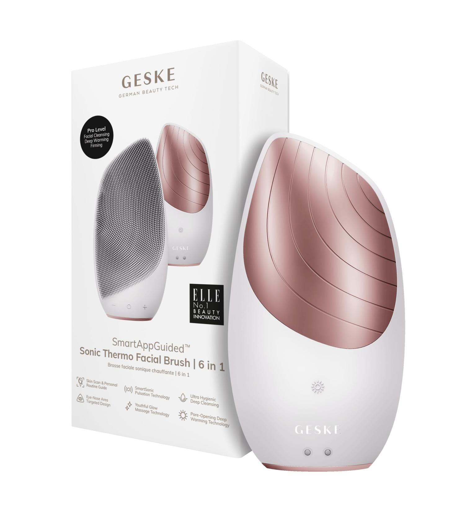 Geske SmartApappguided Sonic Thermo Facial Brush | 6-in-1 Skin Cleaning & Face Massage Device | Electric Facial Cleaning Brush with Heat Function | Starlight - Buy Online on GoSupps.com