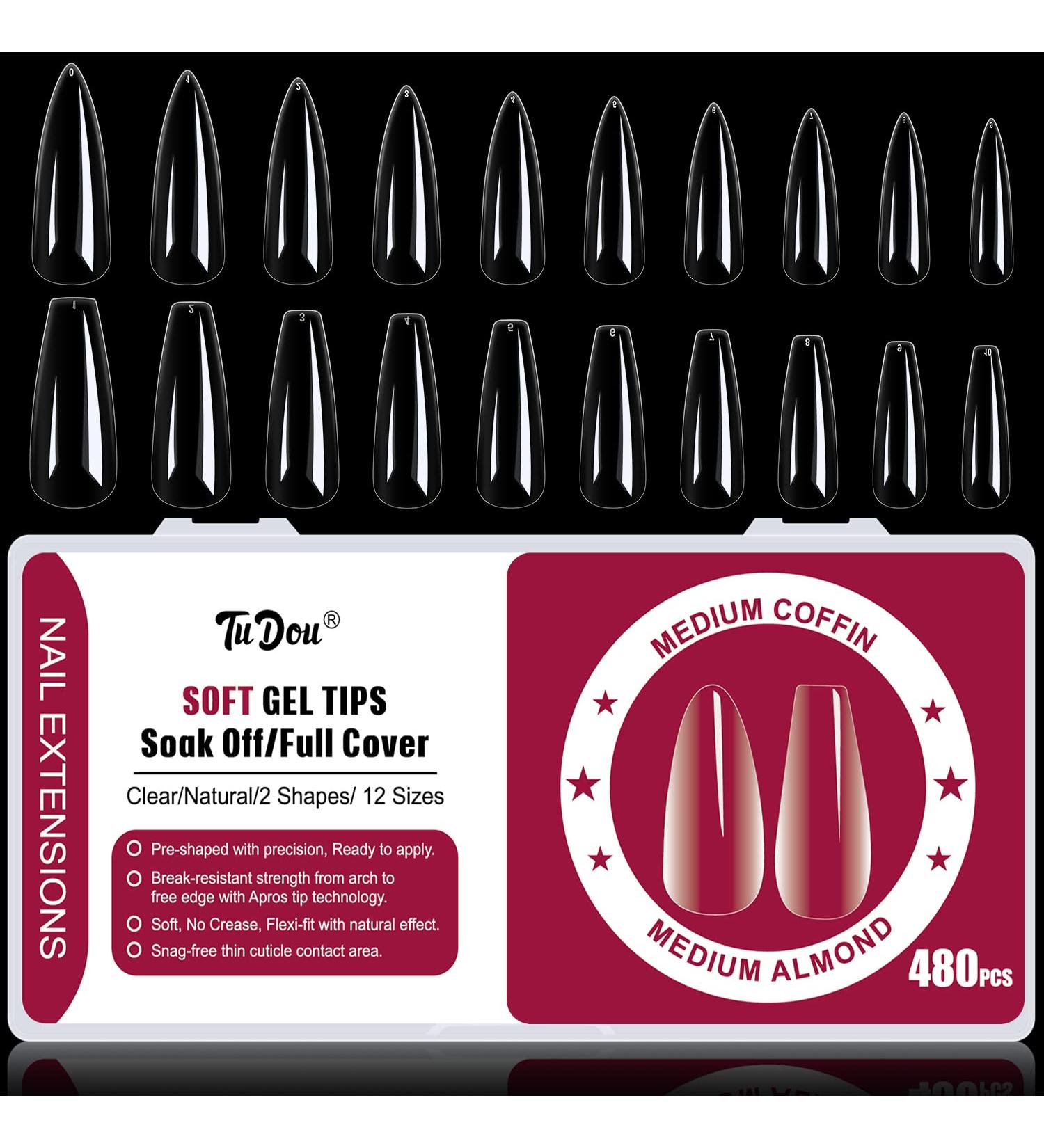 TuDou Soft Gel Full Cover Nail Tips 480PCS - Clear Coffin & Almond Gelly Tips for Soak off Nail Extensions - False Press on Nails Set for Salon and DIY - 10 Sizes & 2 Shapes - Buy Online on GoSupps.com
