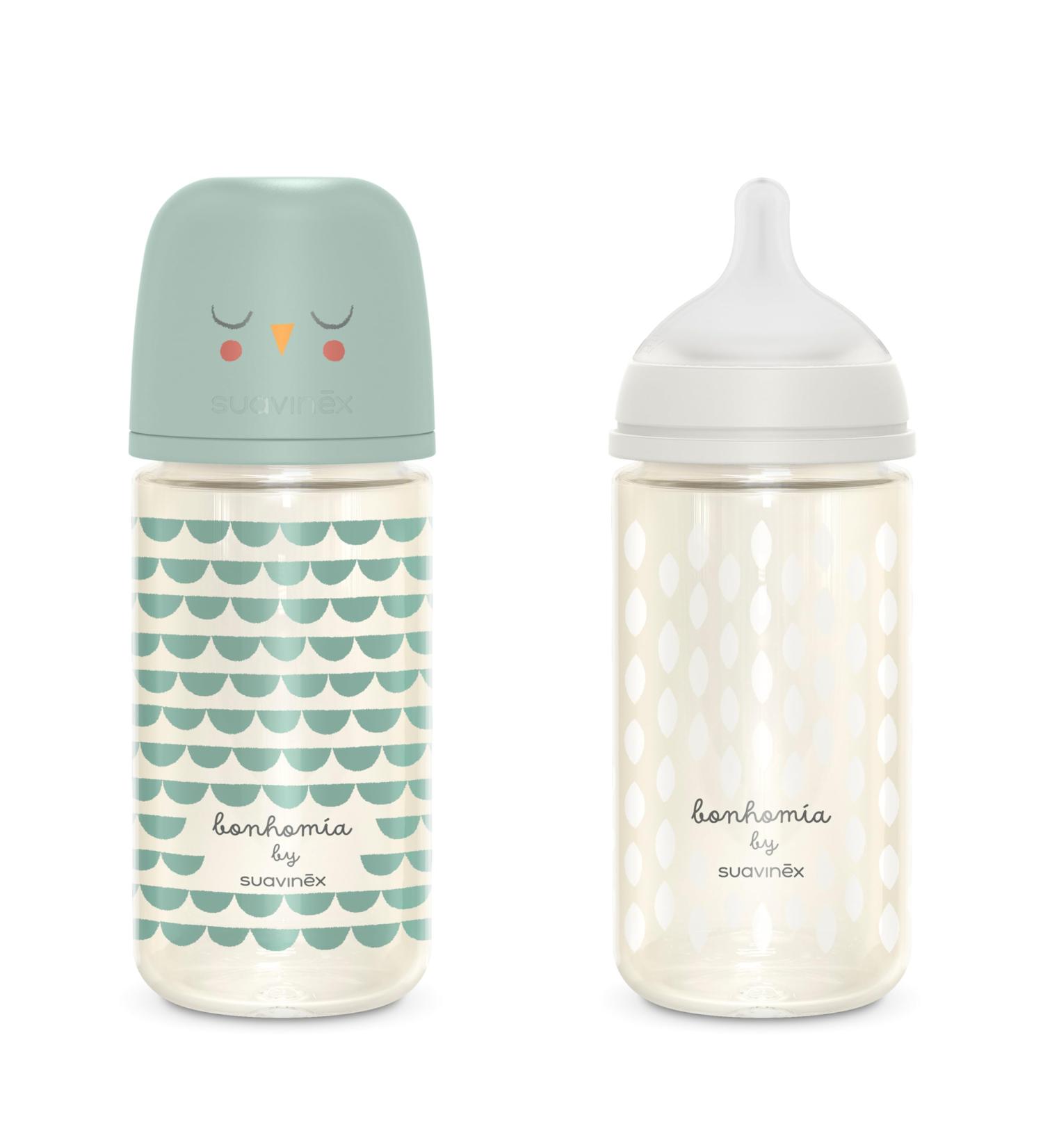 Buy Suavinex Baby Bottles - 2 Glass Bottles 240ml with Silicone Sucker & Anti-Colic Valve for Babies +3 Months - Bonhomia Green | International Shipping Available - Buy Online on GoSupps.com