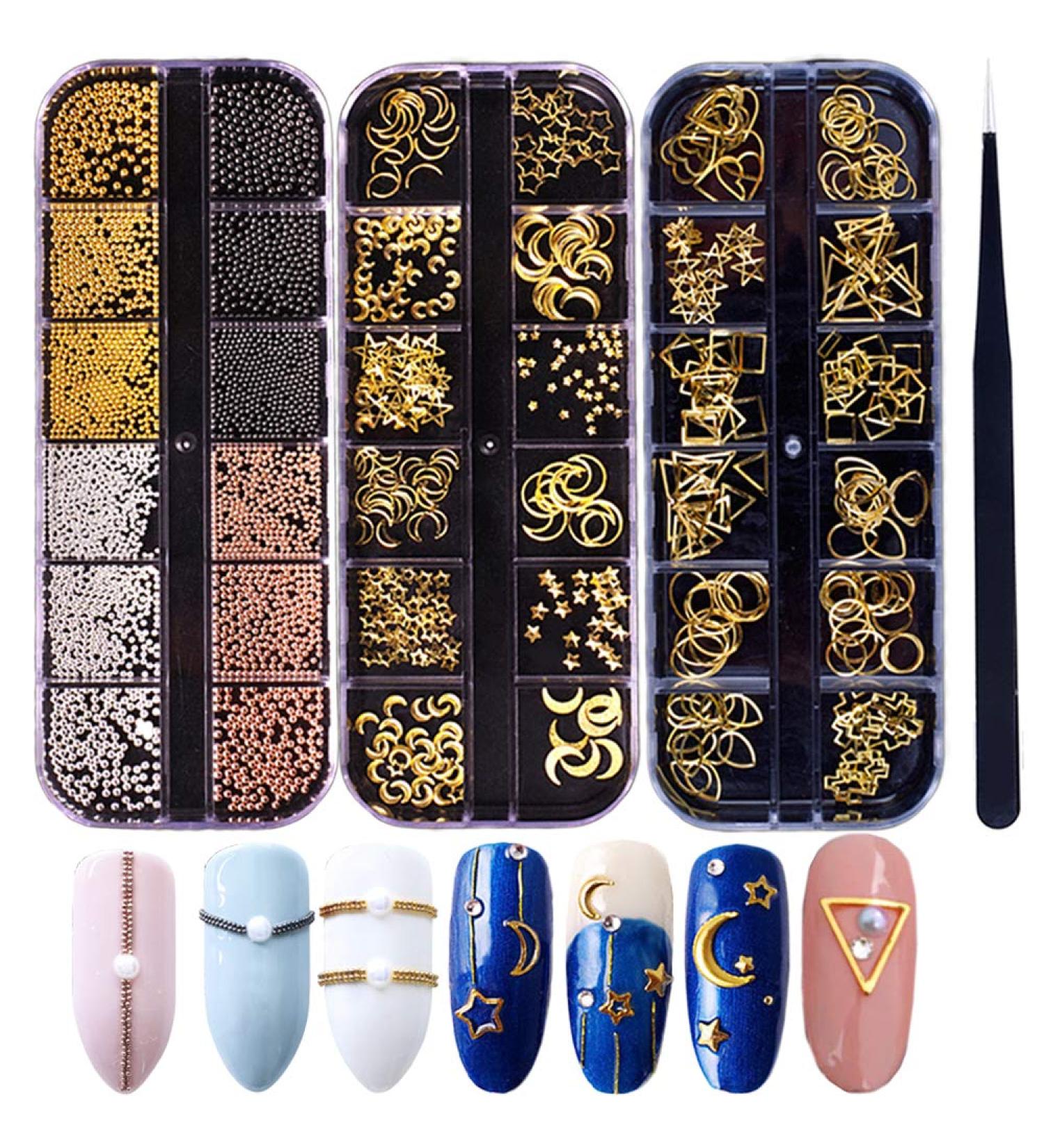 800+ Gold Nail Micro Caviar Beads & Charms Kit with Tweezers - 3D Nail Art Decorations & Accessories - Buy Online on GoSupps.com