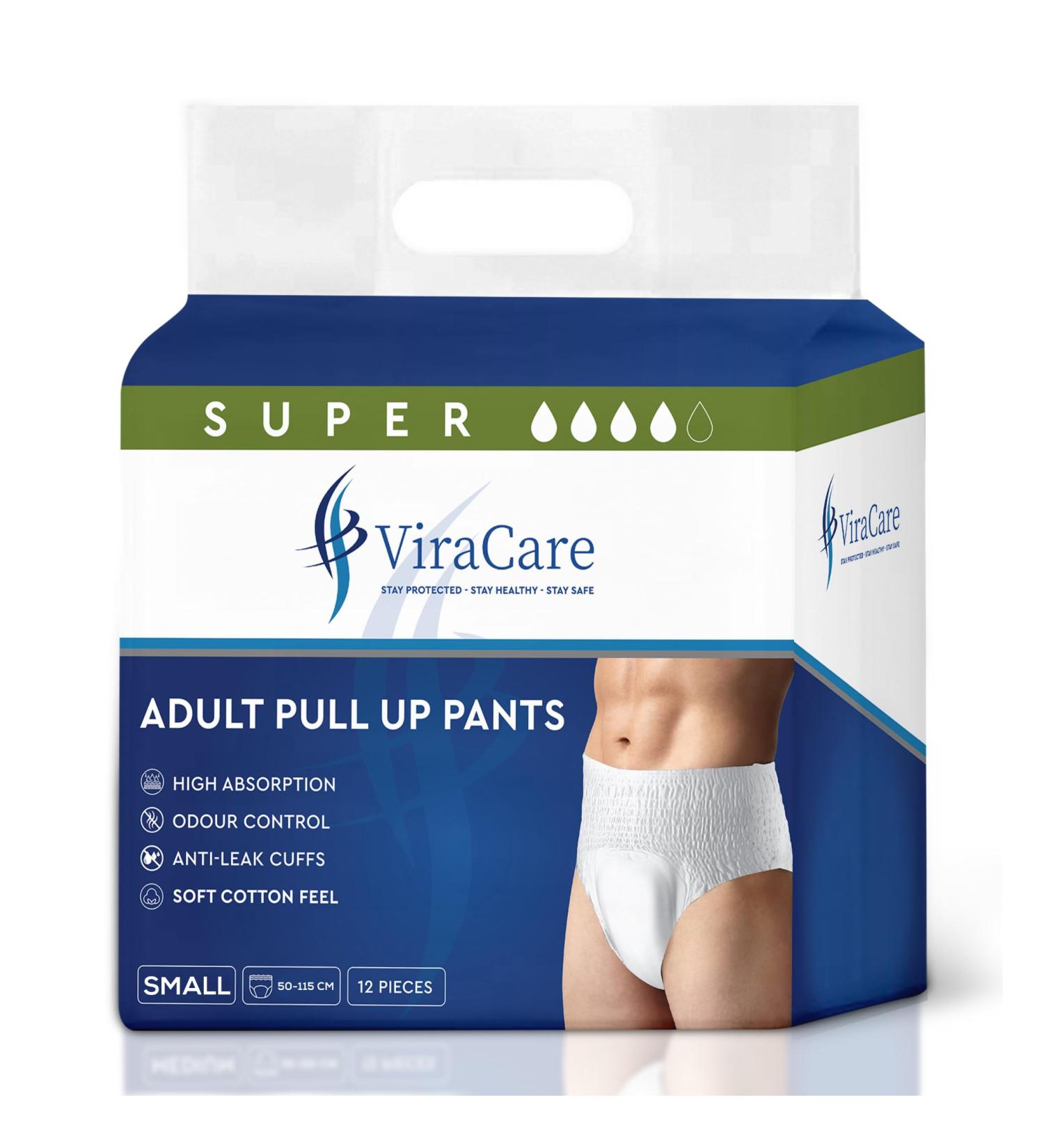 ViraCare Adult Incontinence Pull Up Pants - Small Size 12S | Heavy Absorbent Unisex Pants with Leak Stop Guards | Soft-Stretch Waistband | Waist Size 50-115cm | 12 Count - Buy Online on GoSupps.com