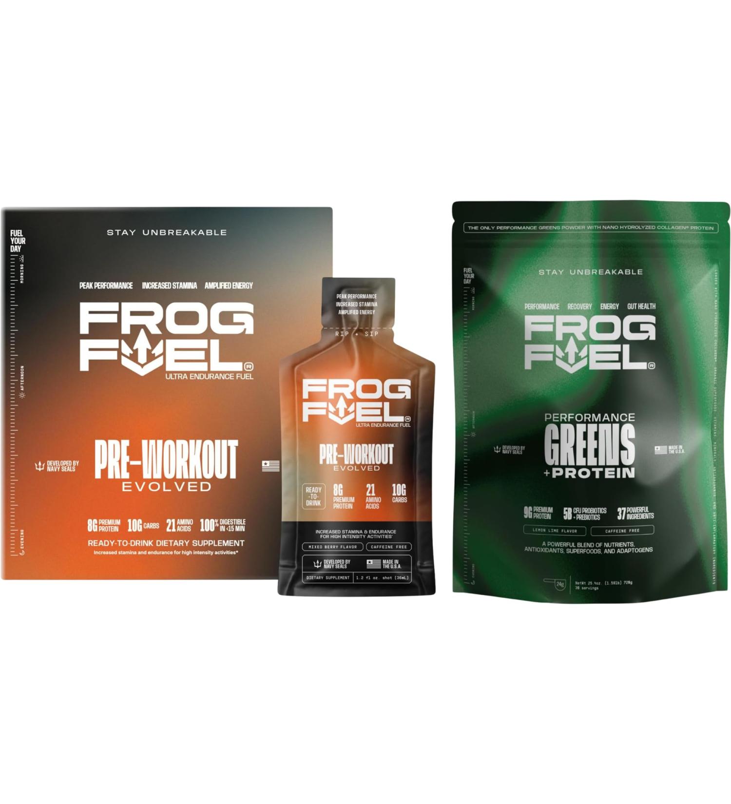 Frog Fuel Ultra Pre Workout Shot & Energy Gel & Performance Greens Protein Powder 8g Protein Nano-Hydrolyzed Grass Fed Collagen Nano-Hydrolyzed Protein Greens Powder 24 Pack & 30 Servings - Buy Online on GoSupps.com