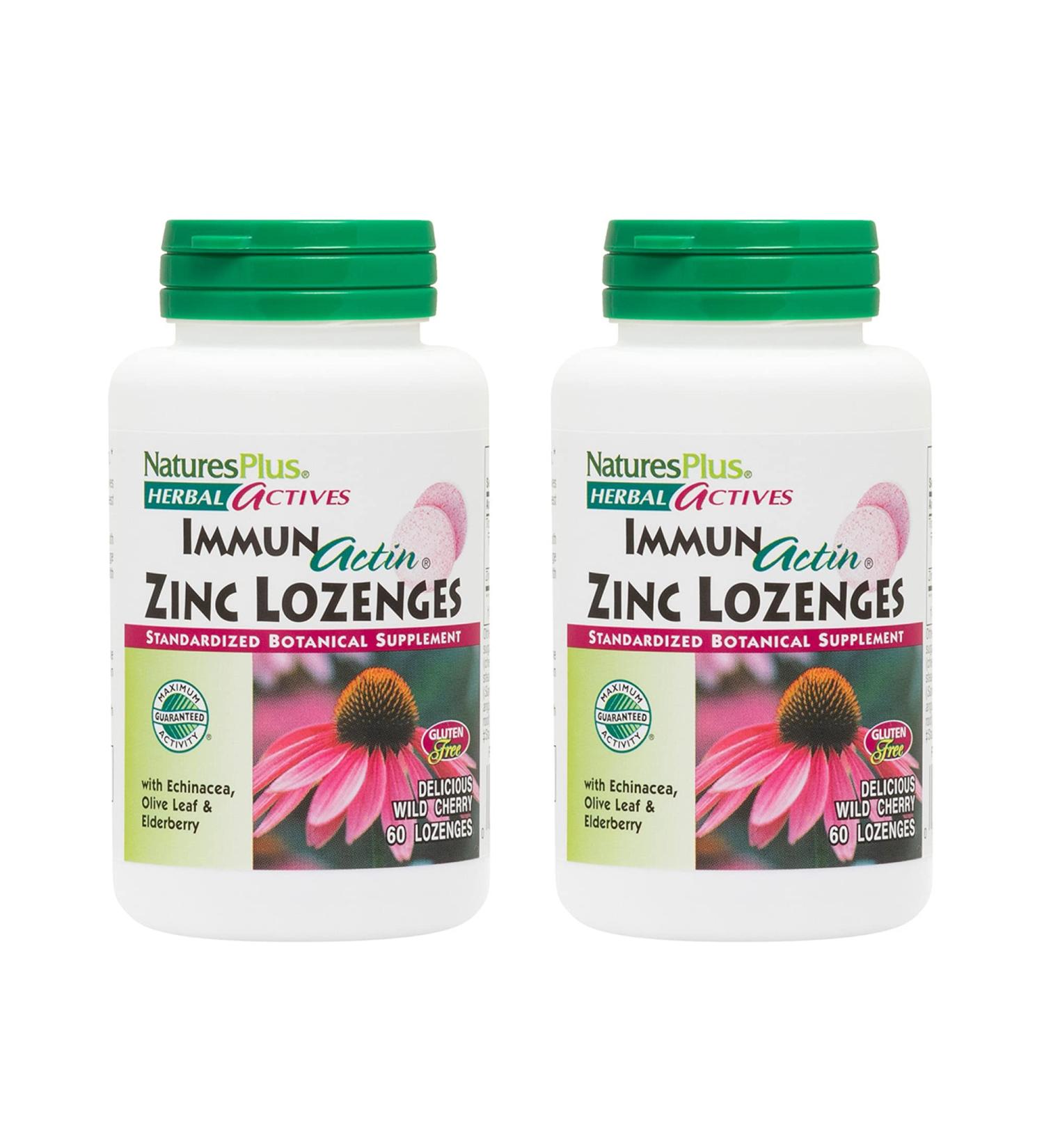 NaturesPlus Herbal Actives ImmunActin 60 Zinc Lozenges (Pack of 2) - Wild Cherry Flavor - Supports Immune Health - Echinacea, Elderberry, Olive Leaf - Gluten Free - 120 Servings - Buy Online on GoSupps.com