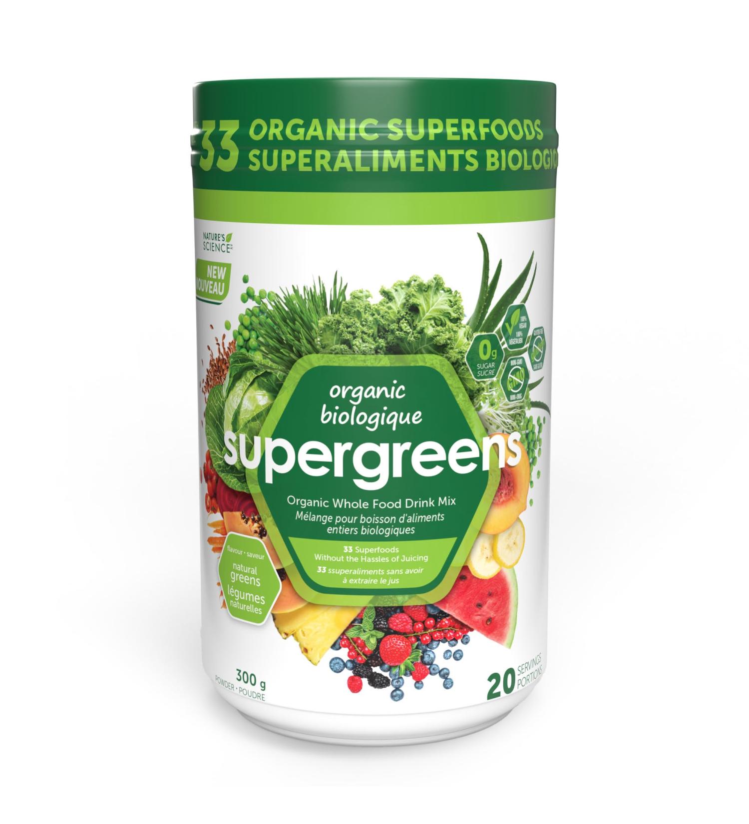 Organic Greens Powder - Unflavoured 33 Superfoods Nutrient-Packed Blend Fruits Greens & Vegetables Organic non-GMO 0g Sugar Gluten Free by Nature's Science - 20 Servings - Buy Online on GoSupps.com