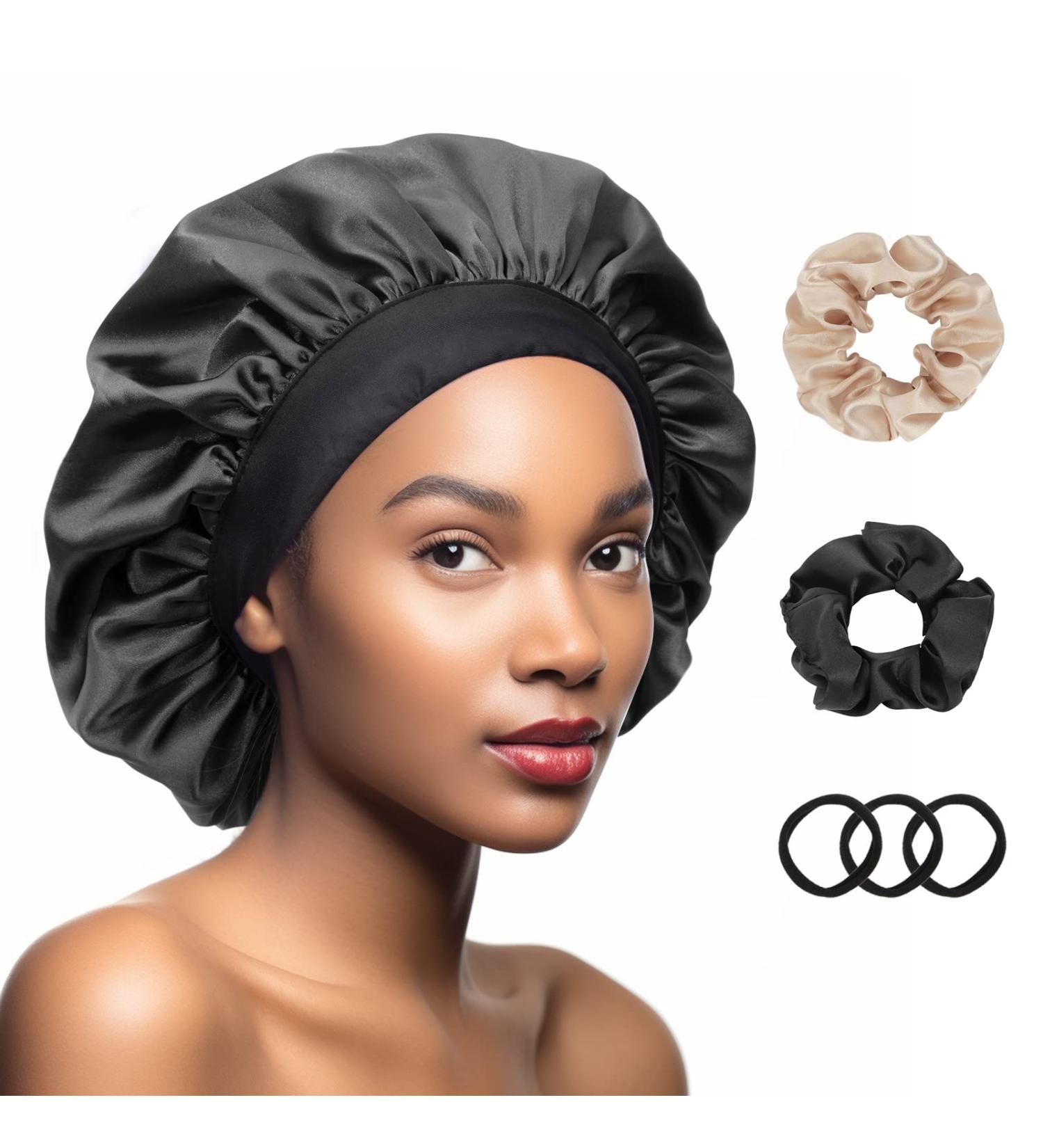 Royuniqur Silky Satin Sleep Bonnet | Double Layered Adjustable Cap for Men & Women - Ideal for Curly, Frizzy, Straight Hair - Black - Buy Online on GoSupps.com